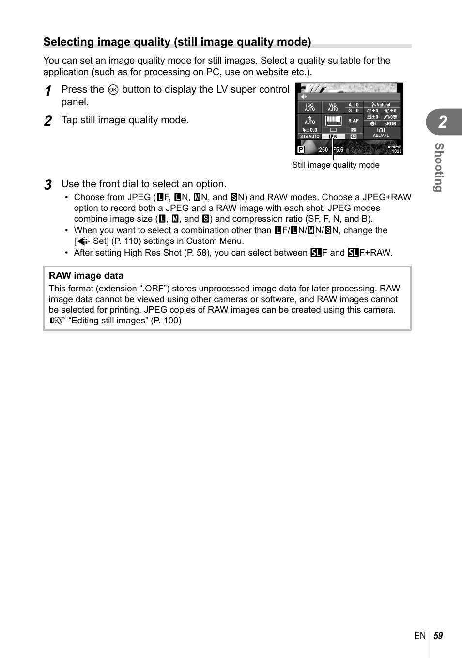 Shooting, Selecting image quality (still image quality mode), 59 en | Tap still image quality mode, Use the front dial to select an option | Olympus PEN-F Pancake Zoom 14-42mm Kit User Manual | Page 59 / 184