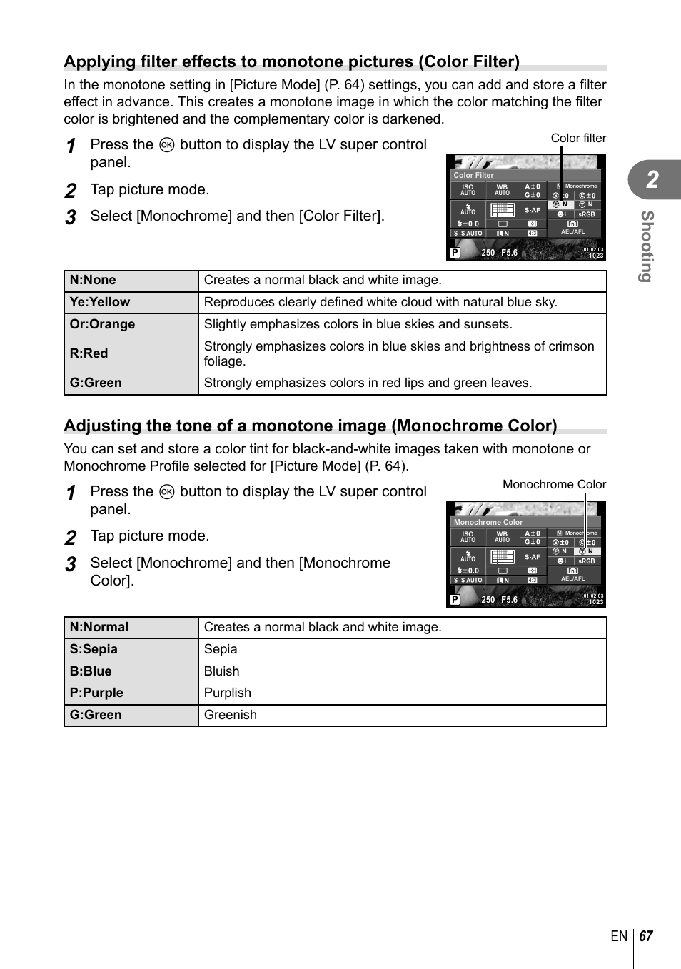 Shooting, 67 en, Tap picture mode | Select [monochrome] and then [color filter, Select [monochrome] and then [monochrome color | Olympus PEN-F Pancake Zoom 14-42mm Kit User Manual | Page 67 / 184