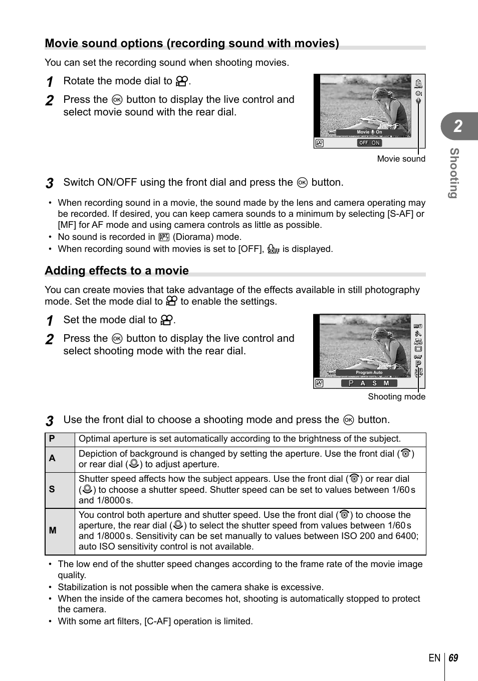 Shooting, Movie sound options (recording sound with movies), Adding effects to a movie | 69 en, Rotate the mode dial to n, Set the mode dial to n | Olympus PEN-F Pancake Zoom 14-42mm Kit User Manual | Page 69 / 184