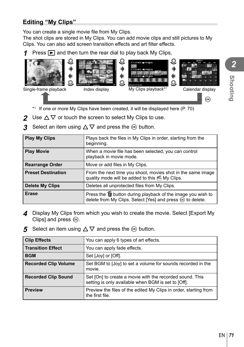 Shooting, Editing “my clips, 71 en | Select an item using fg and press the q button, My clips playback | Olympus PEN-F Pancake Zoom 14-42mm Kit User Manual | Page 71 / 184