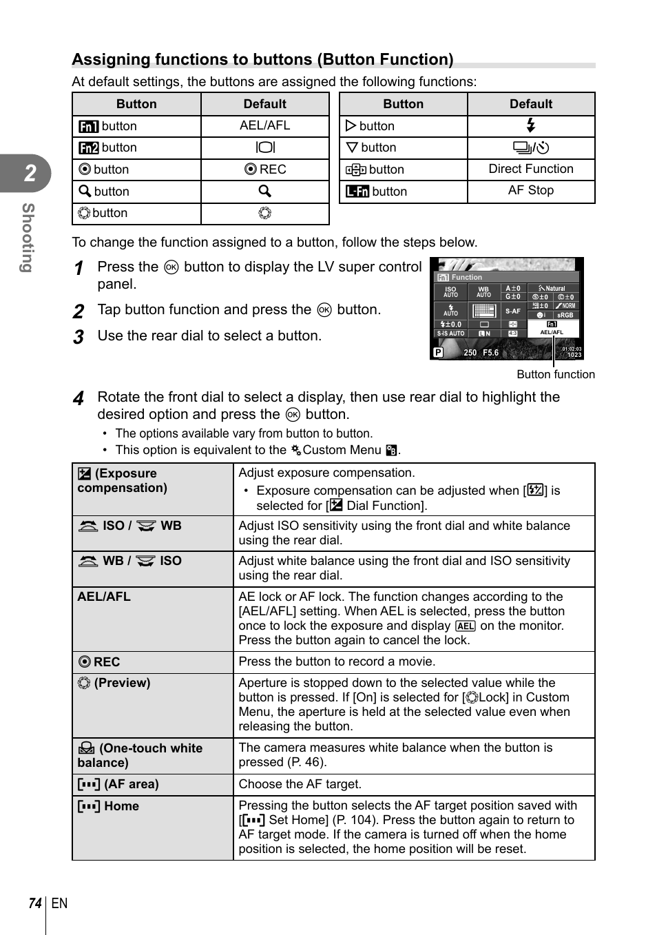 Shooting, Assigning functions to buttons (button function), 74 en | Tap button function and press the q button, Use the rear dial to select a button | Olympus PEN-F Pancake Zoom 14-42mm Kit User Manual | Page 74 / 184