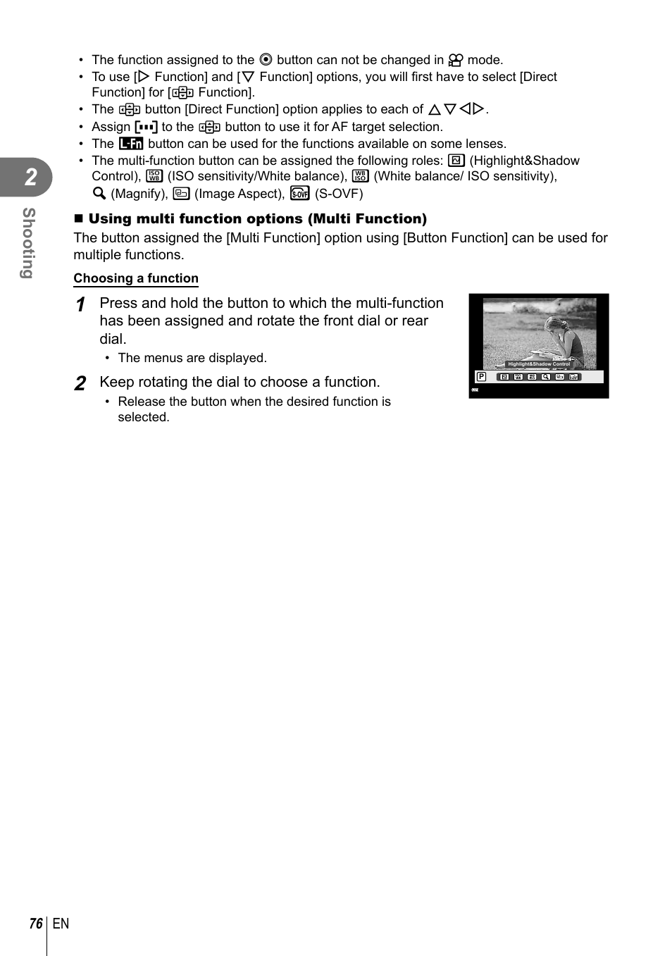 Shooting | Olympus PEN-F Pancake Zoom 14-42mm Kit User Manual | Page 76 / 184