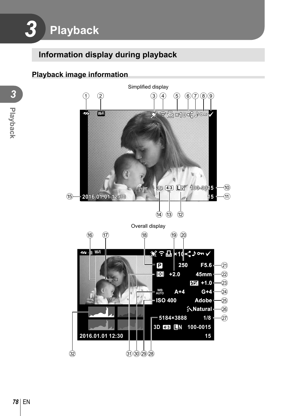 Playback, Information display during playback | Olympus PEN-F Pancake Zoom 14-42mm Kit User Manual | Page 78 / 184