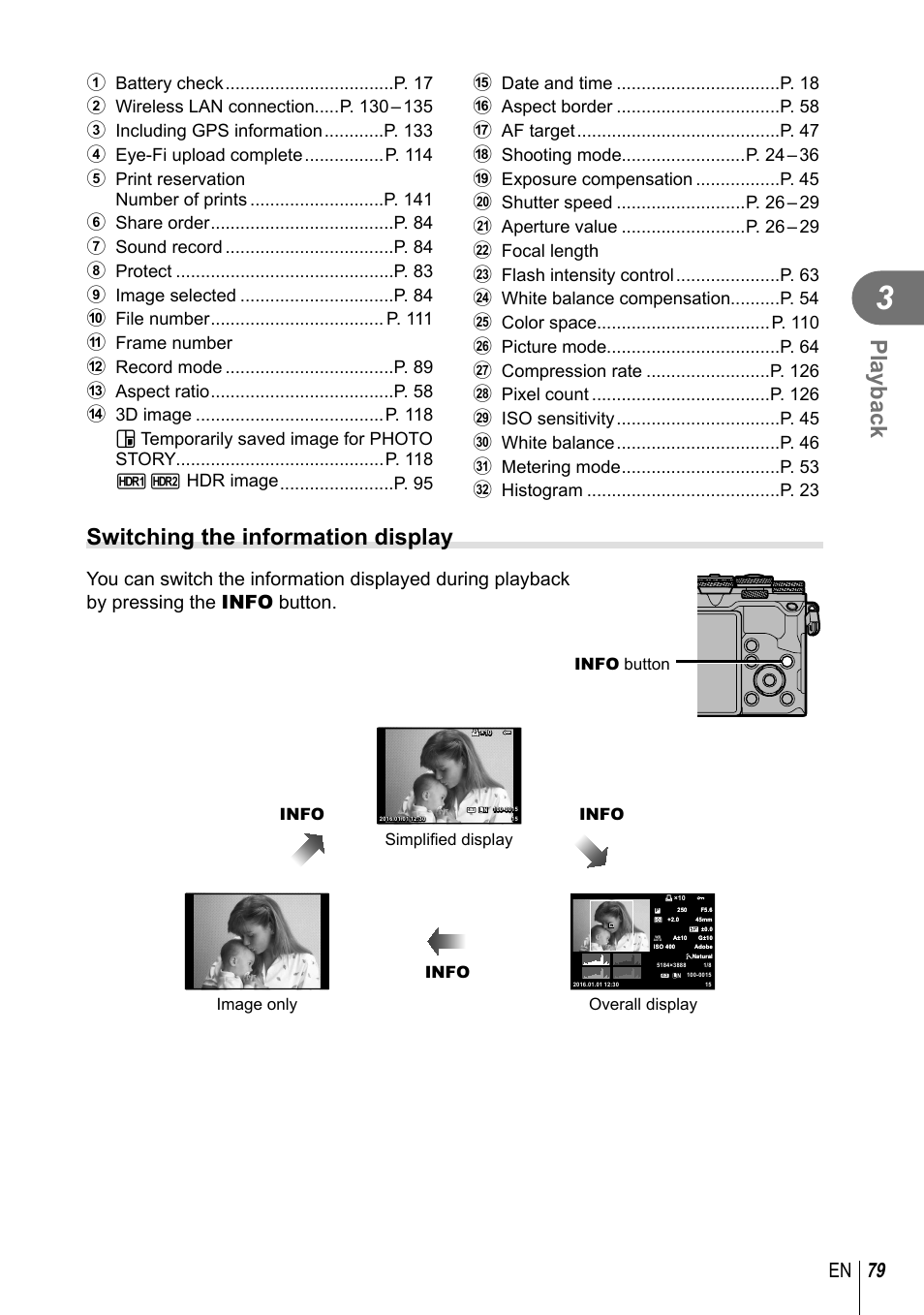 Playback, Switching the information display, 79 en | Olympus PEN-F Pancake Zoom 14-42mm Kit User Manual | Page 79 / 184