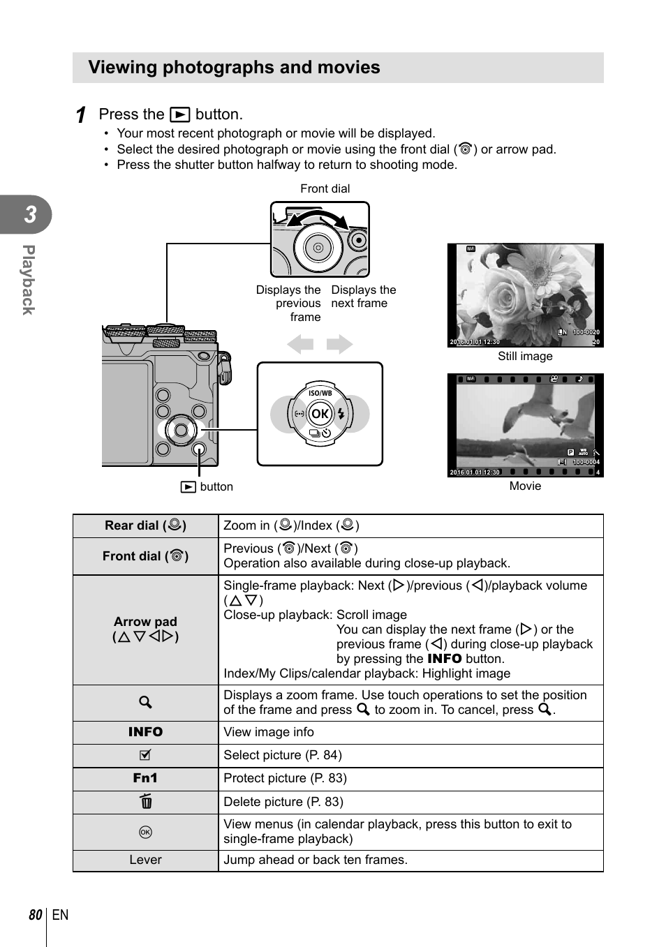 Viewing photographs and movies, Playback, Press the q button | 80 en | Olympus PEN-F Pancake Zoom 14-42mm Kit User Manual | Page 80 / 184