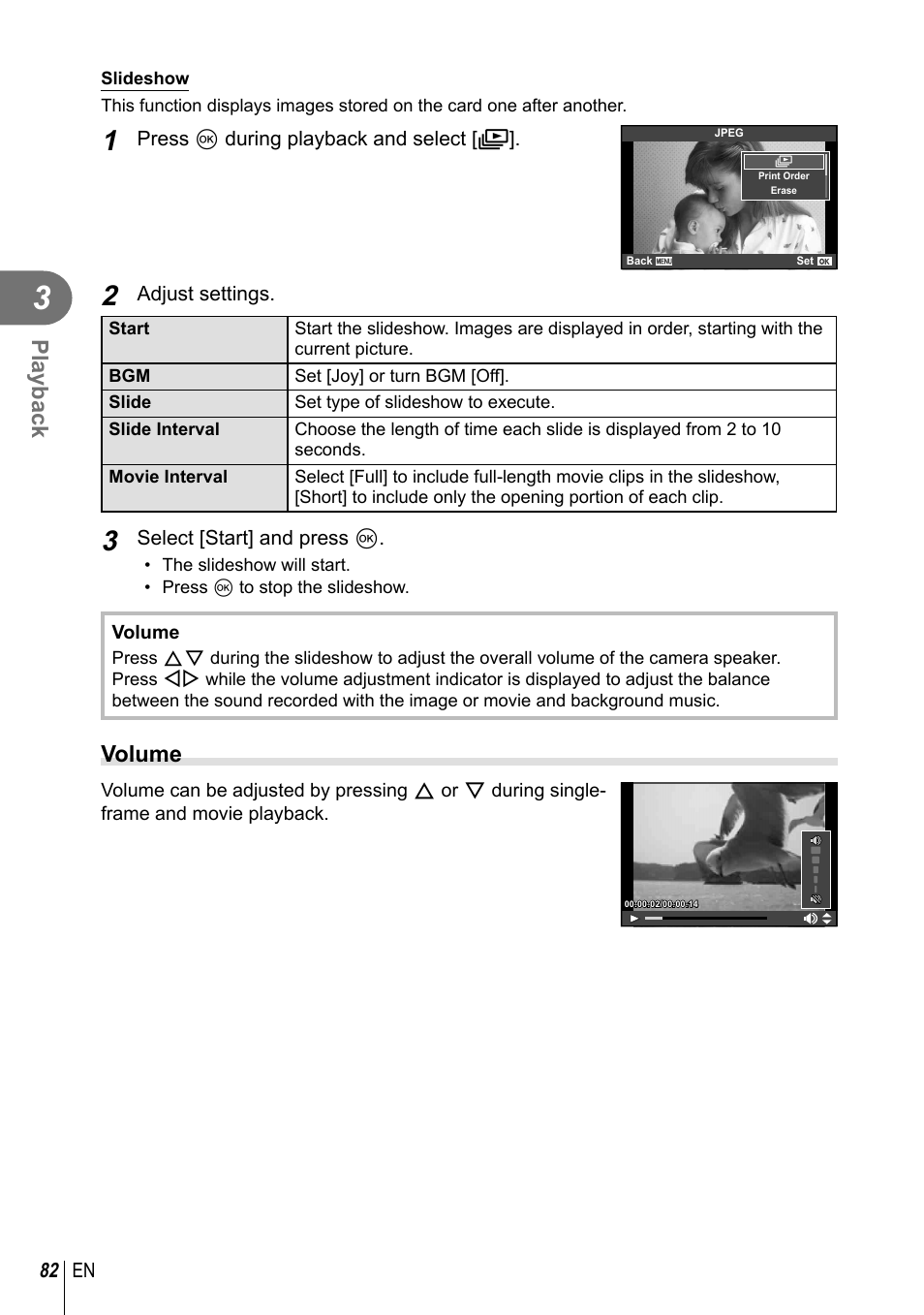 Playback, Volume | Olympus PEN-F Pancake Zoom 14-42mm Kit User Manual | Page 82 / 184