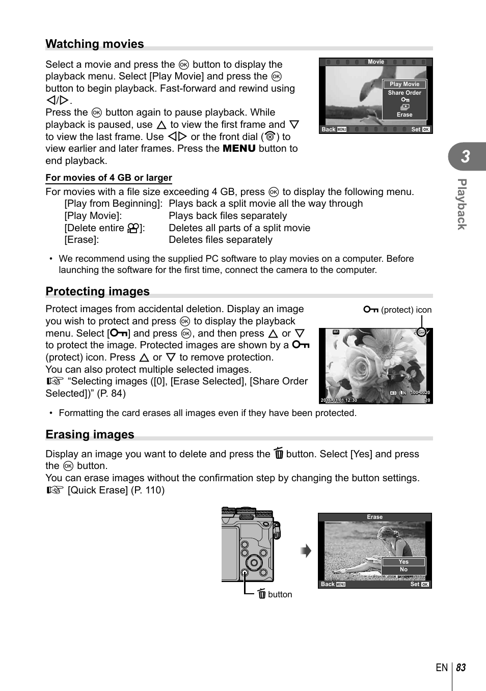 Playback, Watching movies, Protecting images | Erasing images, 83 en | Olympus PEN-F Pancake Zoom 14-42mm Kit User Manual | Page 83 / 184