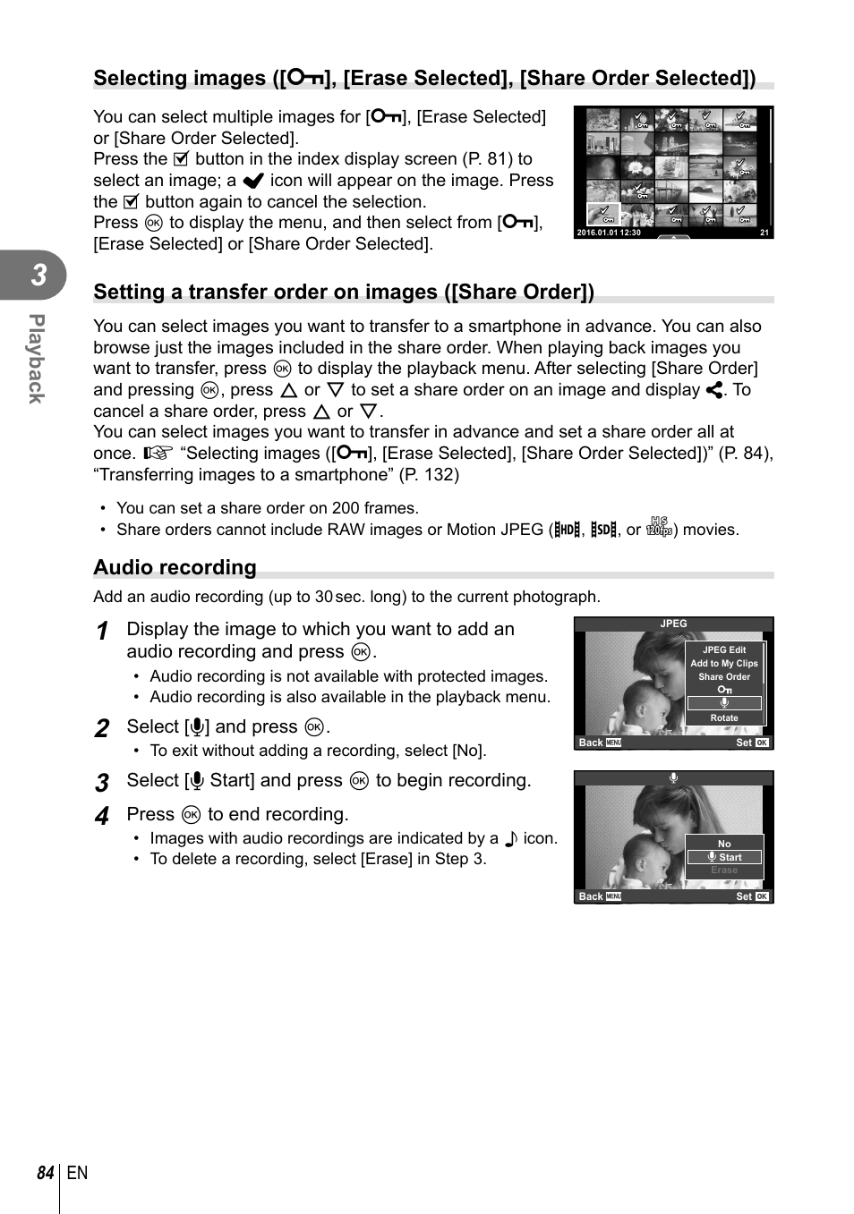 Playback, Setting a transfer order on images ([share order]), Audio recording | Olympus PEN-F Pancake Zoom 14-42mm Kit User Manual | Page 84 / 184