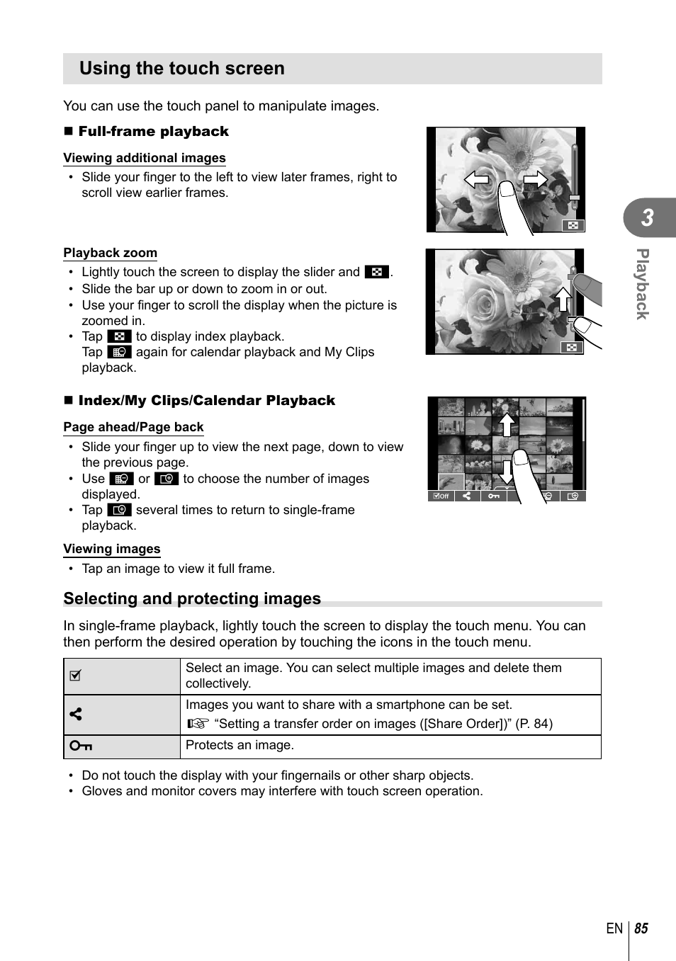 Using the touch screen, Playback, Selecting and protecting images | Olympus PEN-F Pancake Zoom 14-42mm Kit User Manual | Page 85 / 184