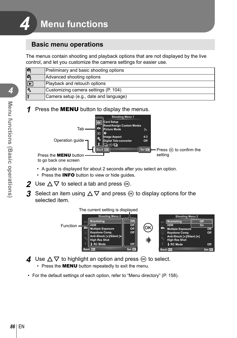 Menu functions, Basic menu operations, Menu functions (basic operations) | Press the menu button to display the menus, Use fg to select a tab and press q, 86 en | Olympus PEN-F Pancake Zoom 14-42mm Kit User Manual | Page 86 / 184