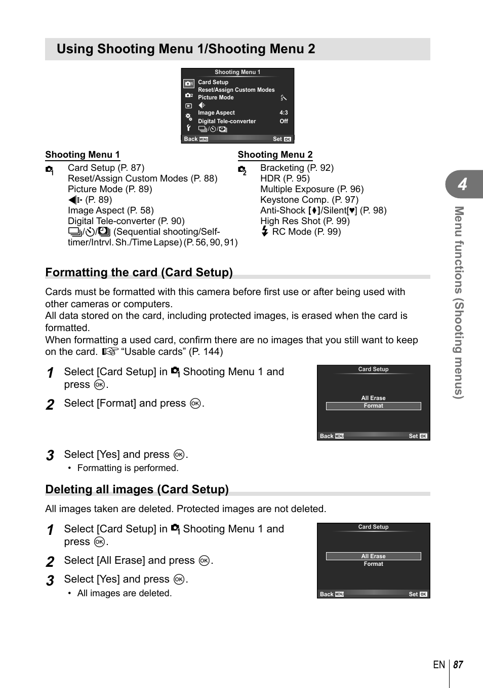 Using shooting menu 1/shooting menu 2, Menu functions (shooting menus), Formatting the card (card setup) | Deleting all images (card setup) | Olympus PEN-F Pancake Zoom 14-42mm Kit User Manual | Page 87 / 184