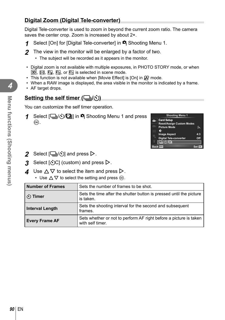 Menu functions (shooting menus), Digital zoom (digital tele-converter), Setting the self timer ( j / y ) | Olympus PEN-F Pancake Zoom 14-42mm Kit User Manual | Page 90 / 184