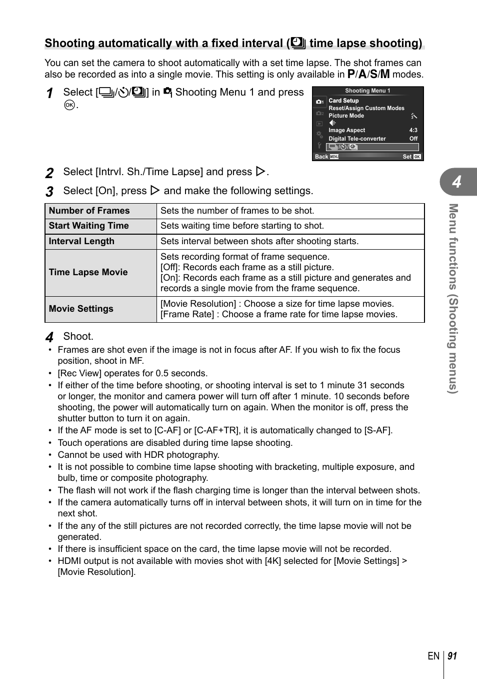 Menu functions (shooting menus) | Olympus PEN-F Pancake Zoom 14-42mm Kit User Manual | Page 91 / 184