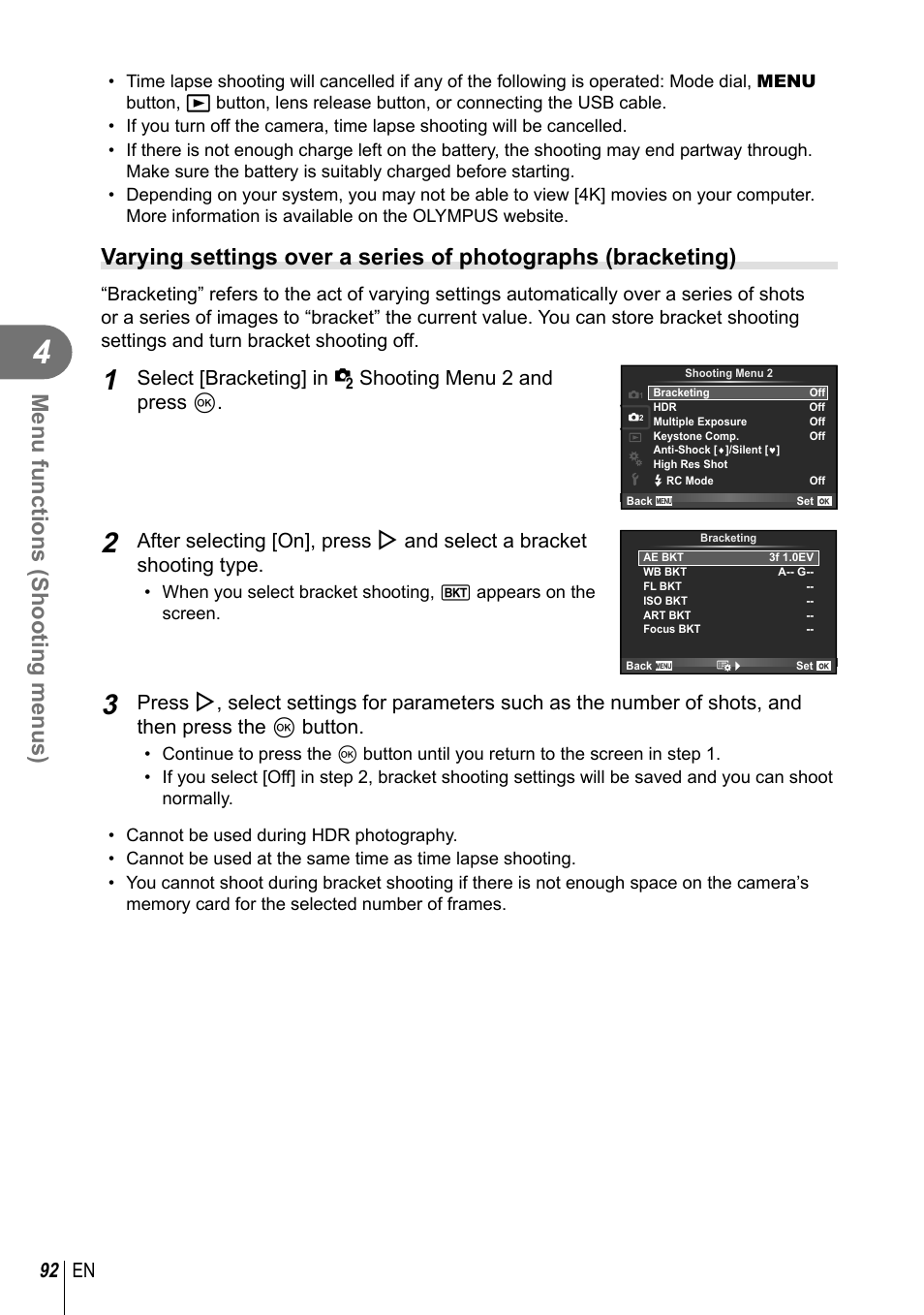 Menu functions (shooting menus), 92 en | Olympus PEN-F Pancake Zoom 14-42mm Kit User Manual | Page 92 / 184