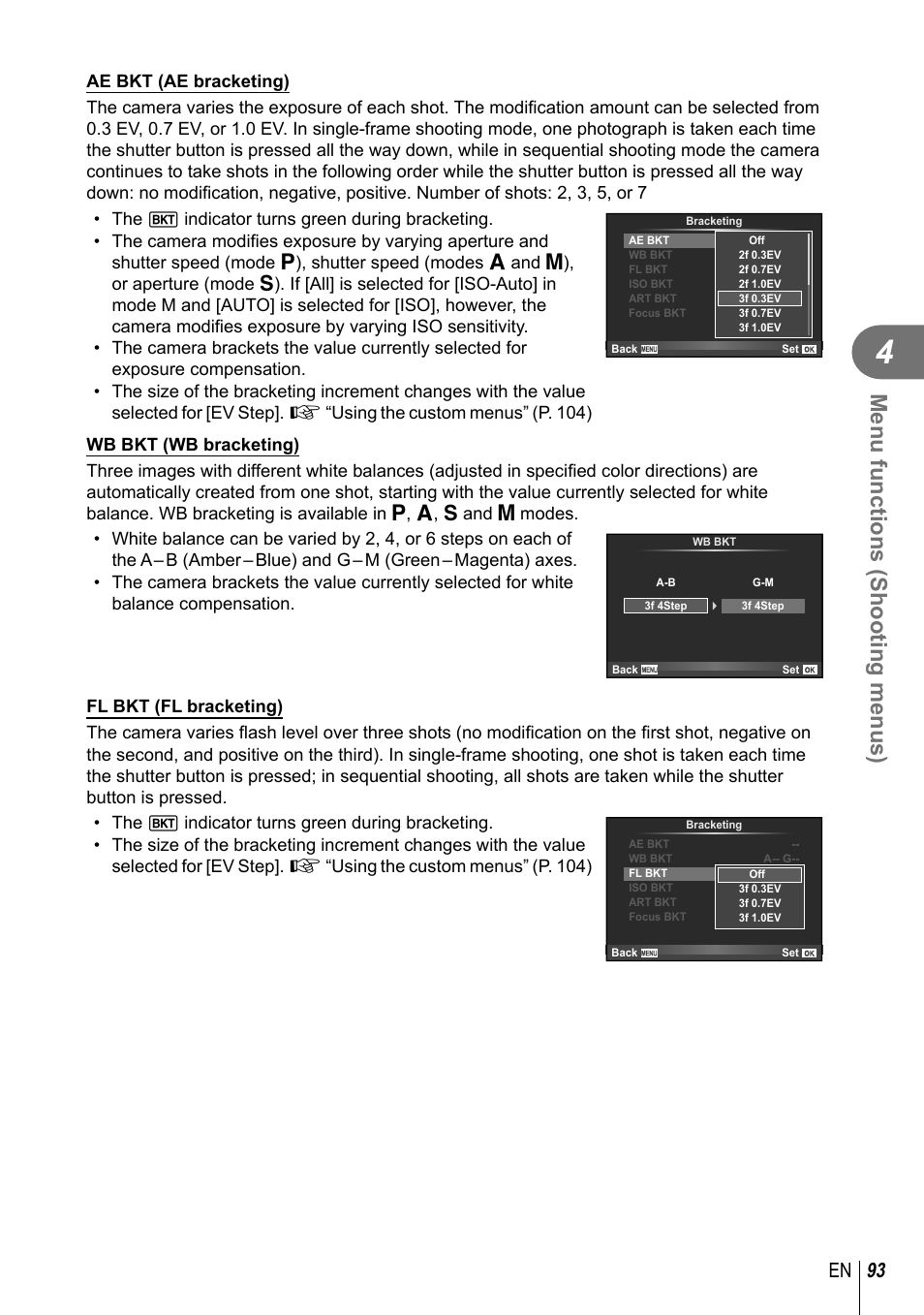 Menu functions (shooting menus), 93 en | Olympus PEN-F Pancake Zoom 14-42mm Kit User Manual | Page 93 / 184