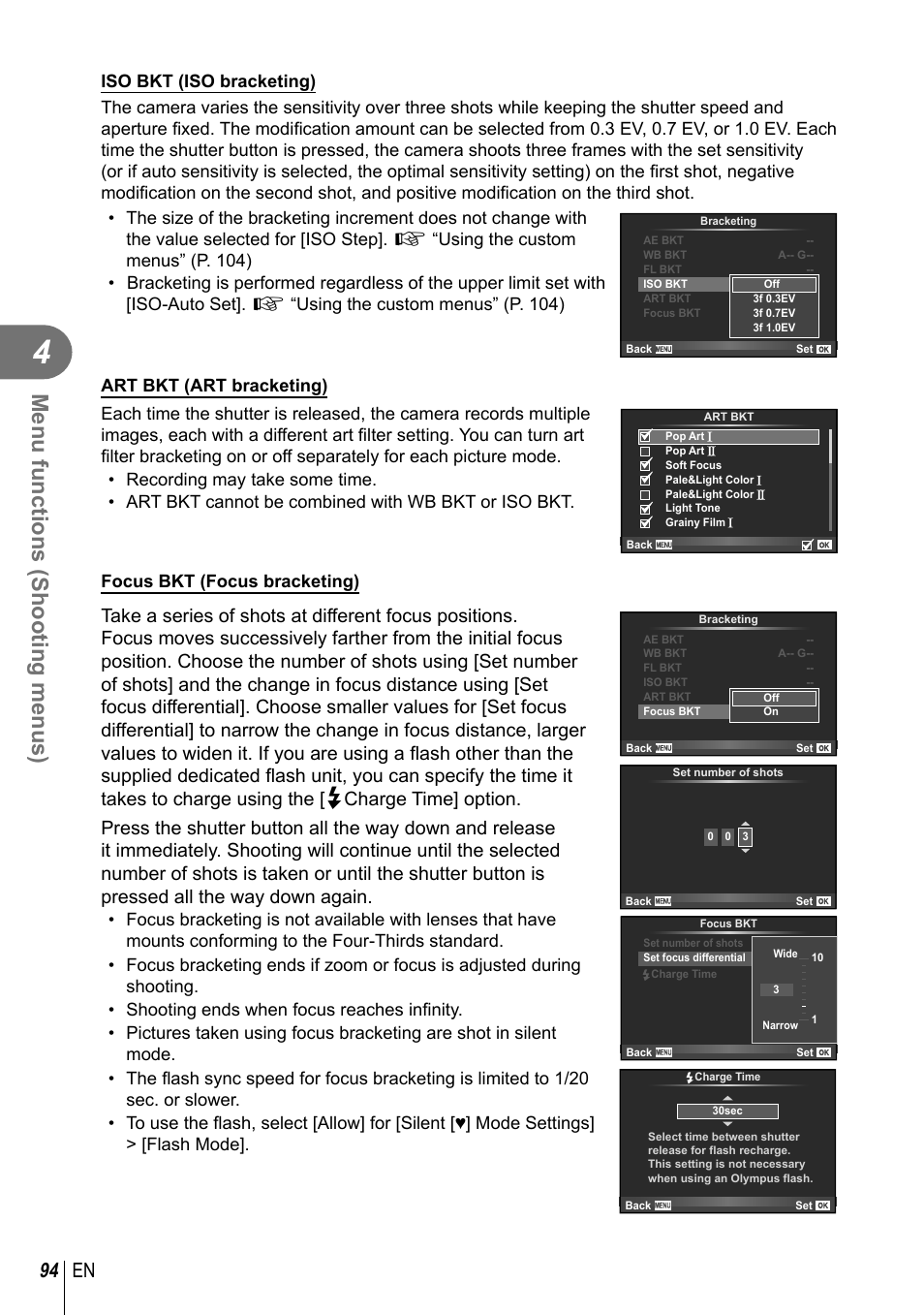 Menu functions (shooting menus), 94 en, Focus bkt (focus bracketing) | Olympus PEN-F Pancake Zoom 14-42mm Kit User Manual | Page 94 / 184