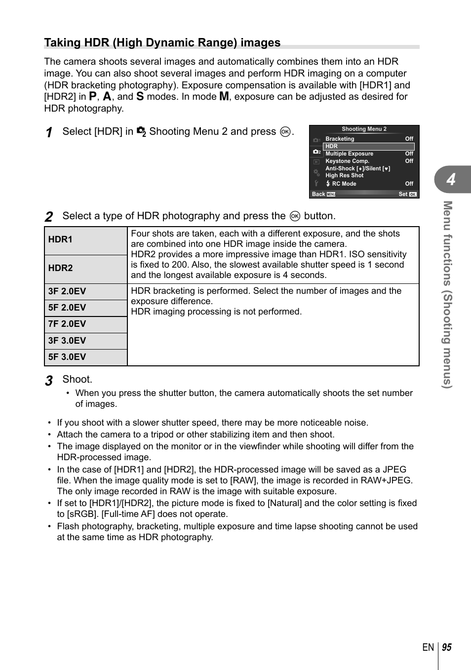 Menu functions (shooting menus), Taking hdr (high dynamic range) images, 95 en | Select [hdr] in x shooting menu 2 and press q, Shoot | Olympus PEN-F Pancake Zoom 14-42mm Kit User Manual | Page 95 / 184