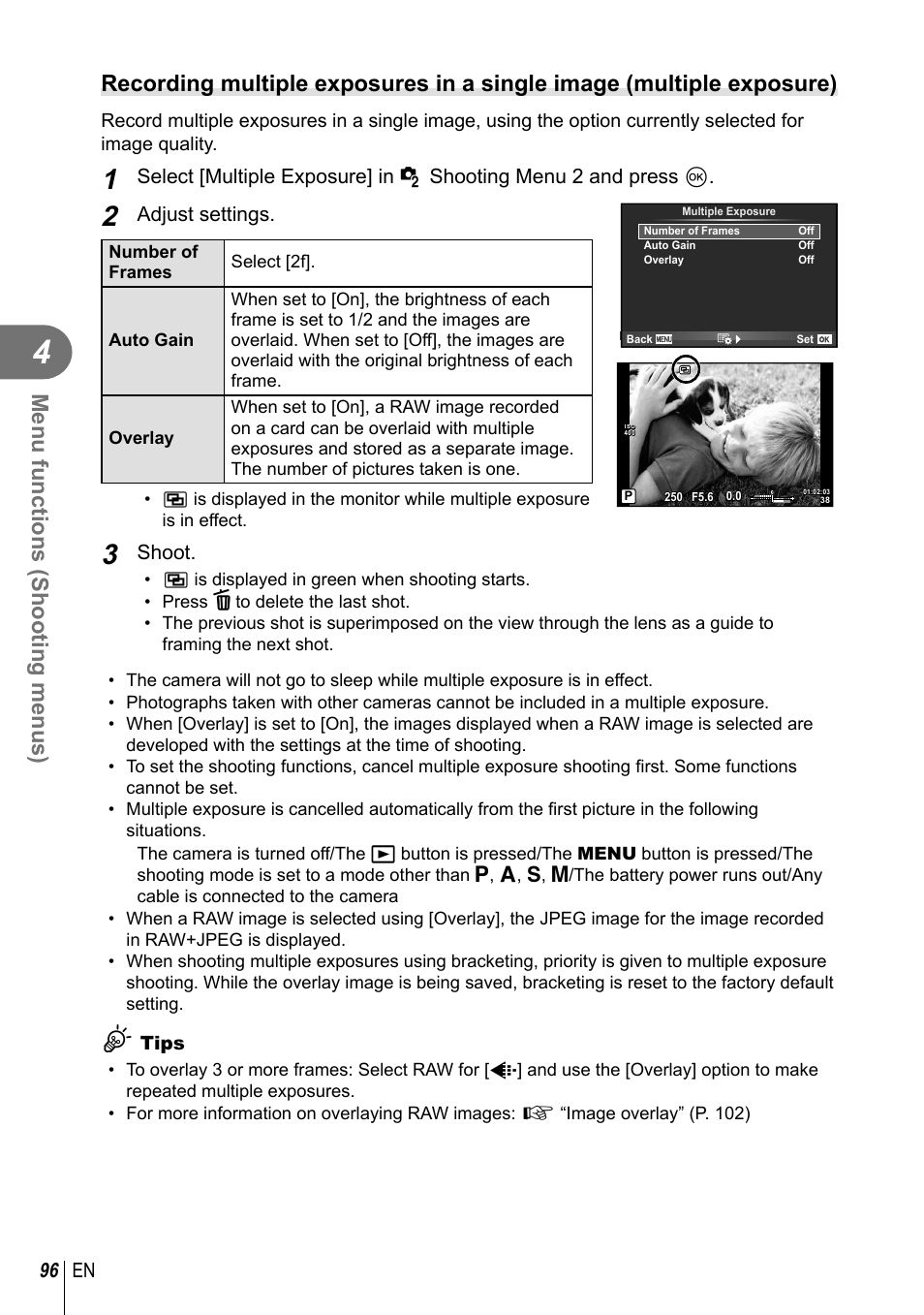 Menu functions (shooting menus), 96 en, Adjust settings | Shoot | Olympus PEN-F Pancake Zoom 14-42mm Kit User Manual | Page 96 / 184