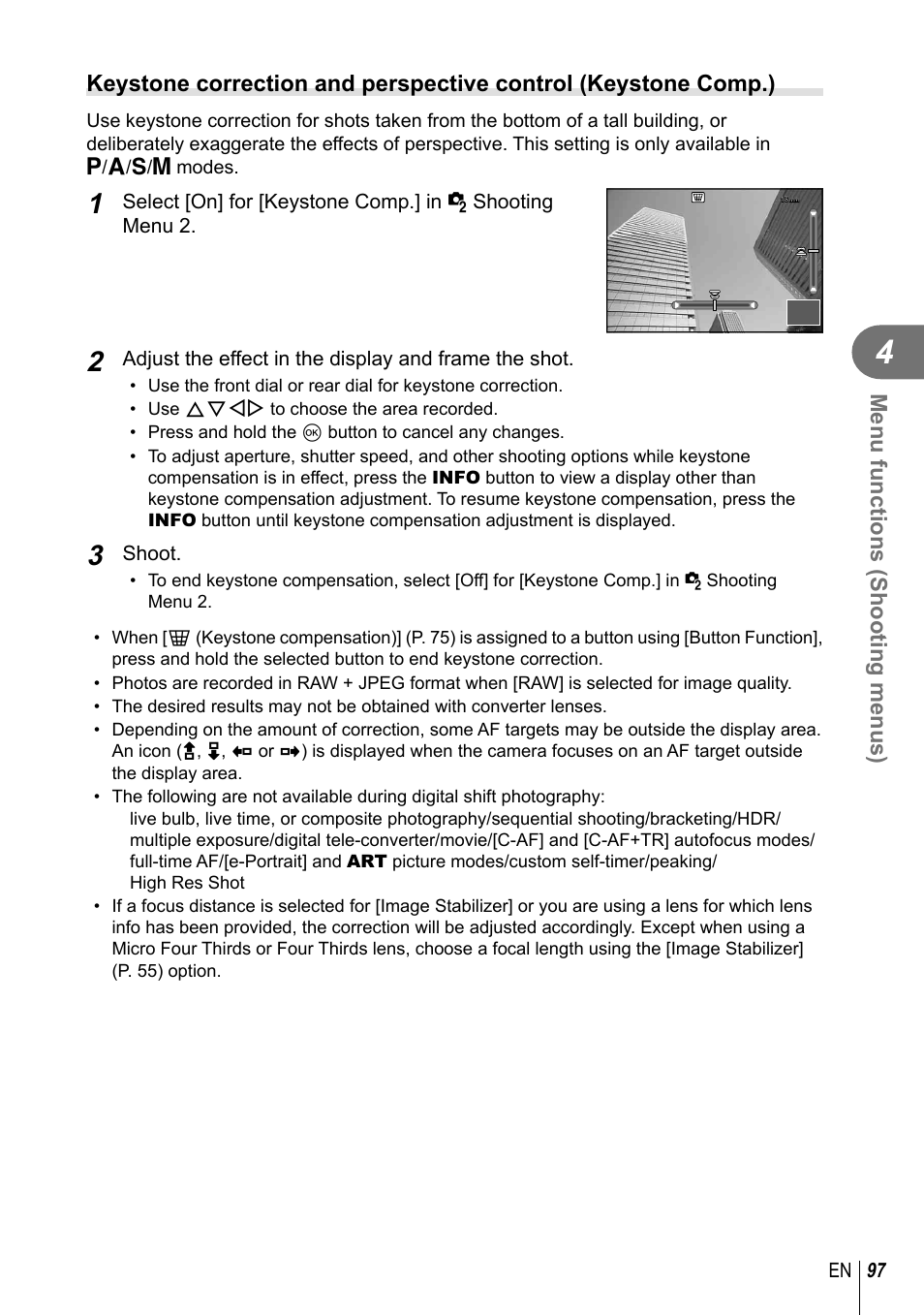 Menu functions (shooting menus) | Olympus PEN-F Pancake Zoom 14-42mm Kit User Manual | Page 97 / 184