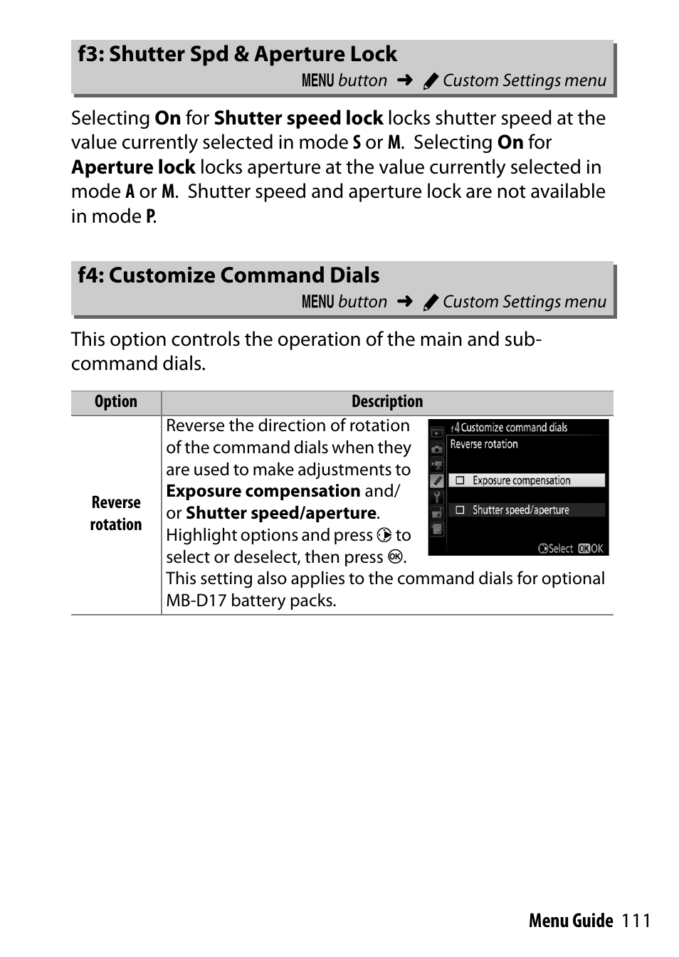 F3: shutter spd & aperture lock, F4: customize command dials | Nikon D500 User Manual | Page 111 / 207