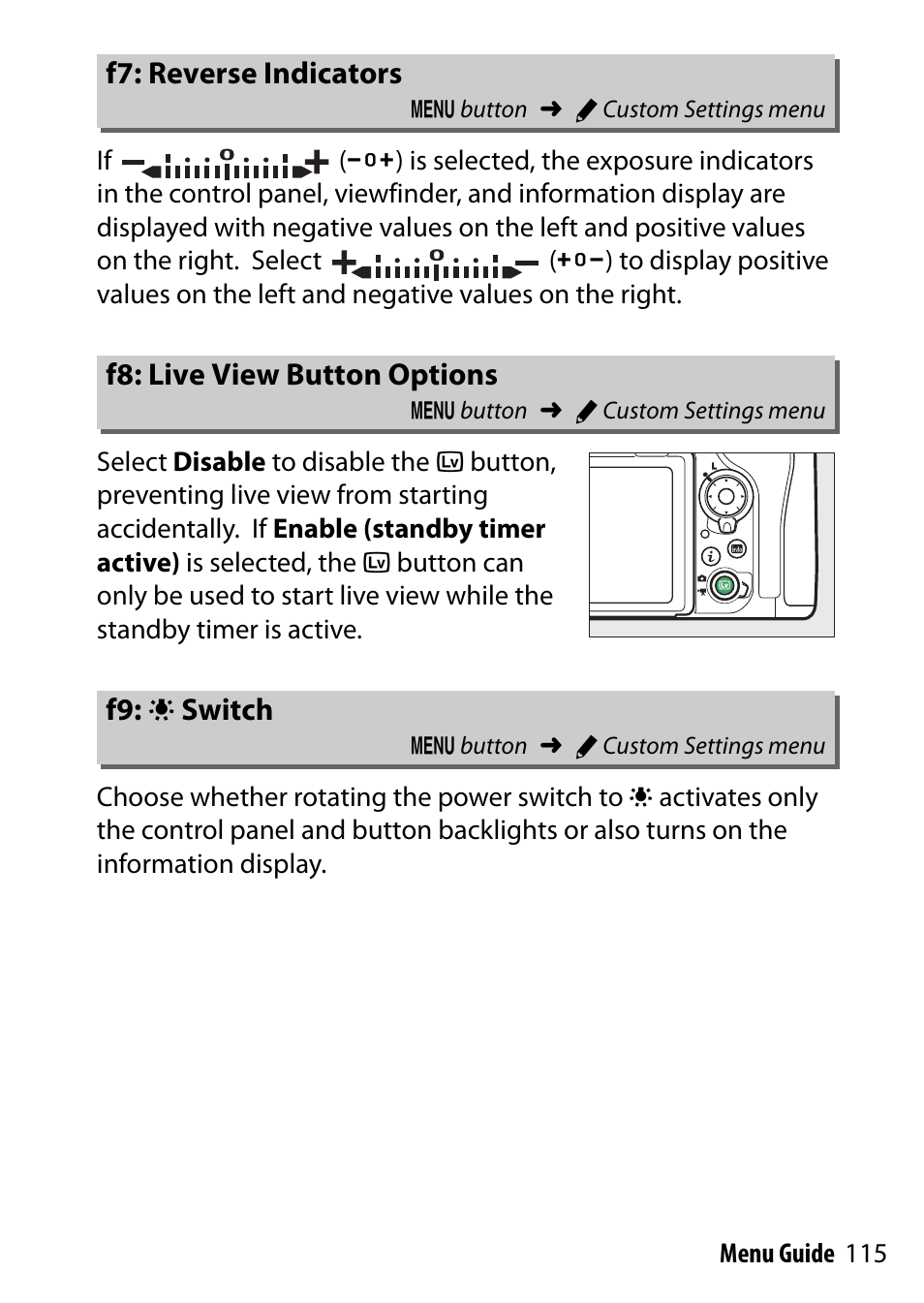 F7: reverse indicators, F8: live view button options, F9: lcd illuminator switch | Utton options | Nikon D500 User Manual | Page 115 / 207