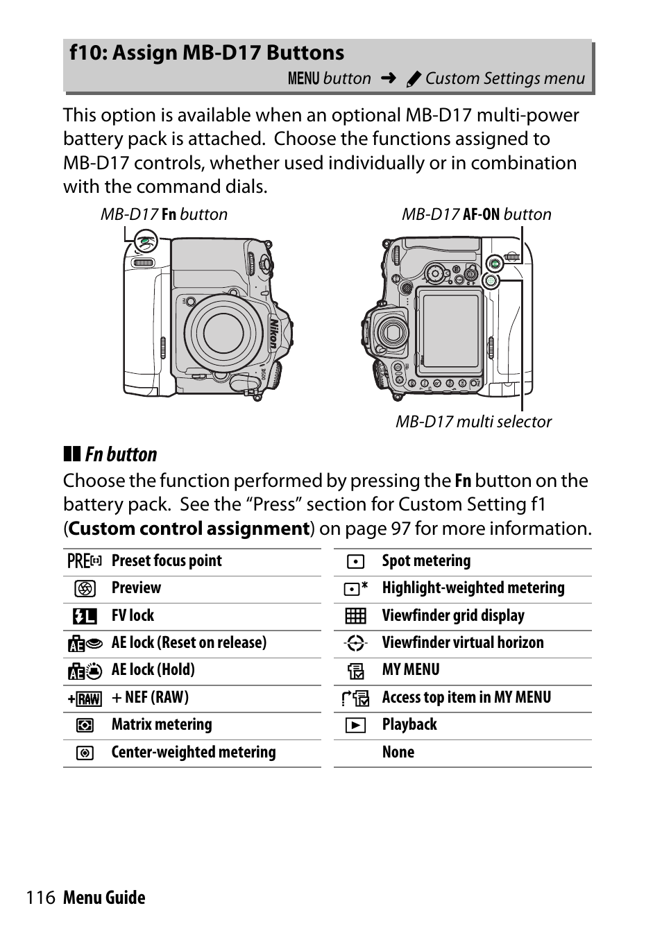 F10: assign mb-d17 buttons, Fn button | Nikon D500 User Manual | Page 116 / 207