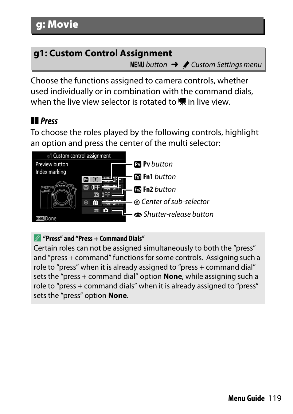 G: movie, G1: custom control assignment | Nikon D500 User Manual | Page 119 / 207