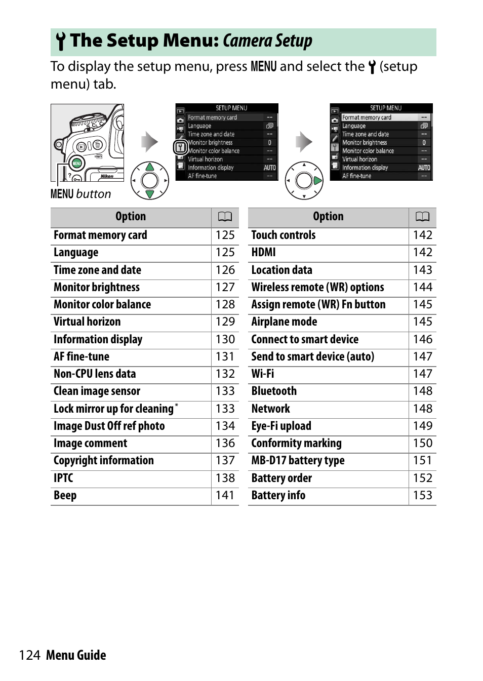 The setup menu: camera setup, B the setup menu: camera setup | Nikon D500 User Manual | Page 124 / 207