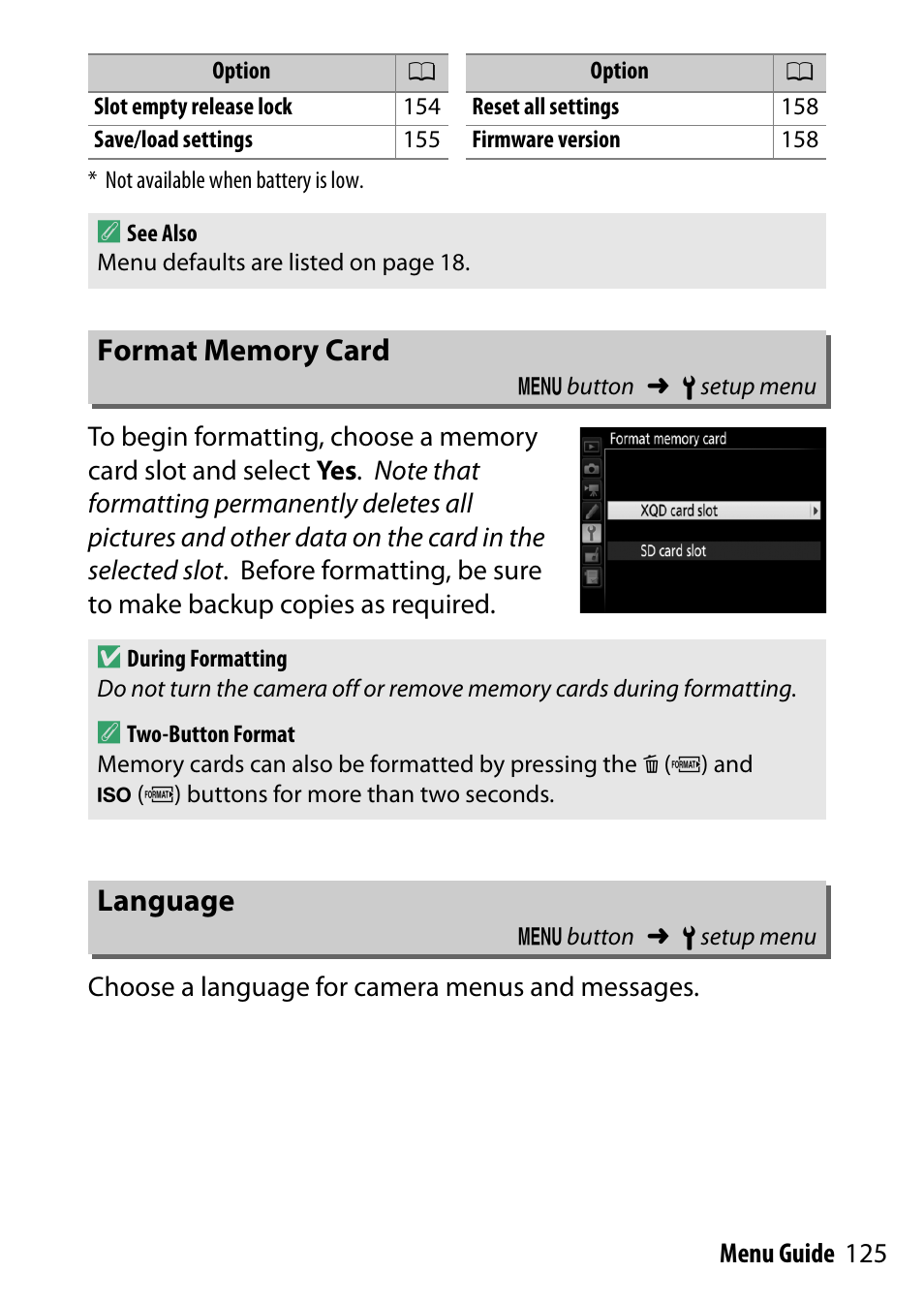 Format memory card, Language | Nikon D500 User Manual | Page 125 / 207