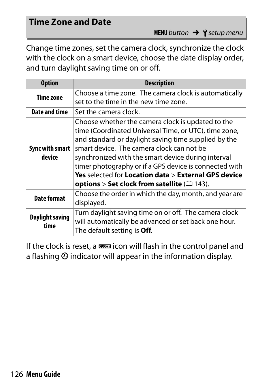 Time zone and date | Nikon D500 User Manual | Page 126 / 207