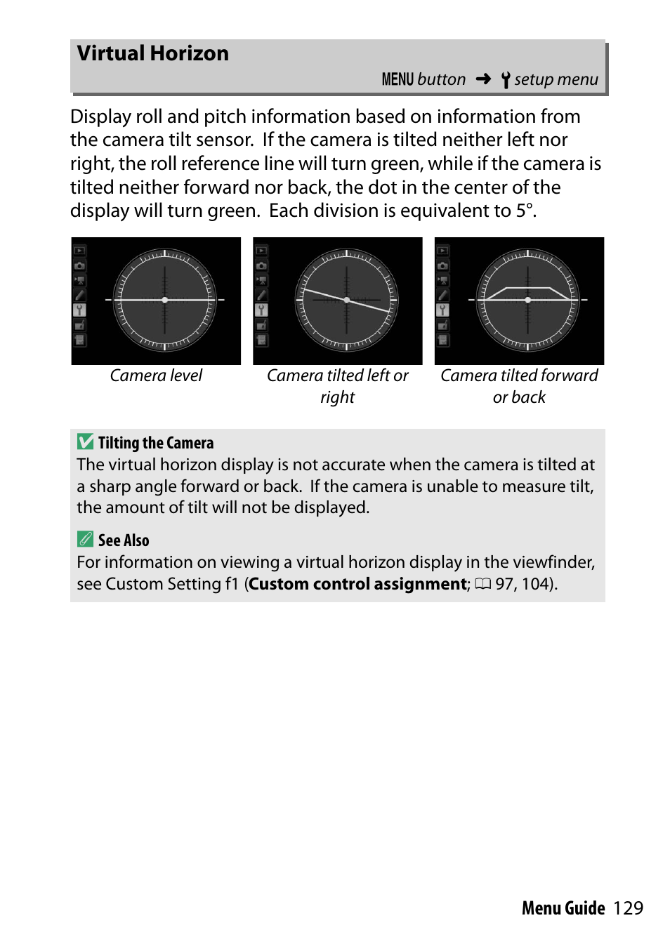 Virtual horizon | Nikon D500 User Manual | Page 129 / 207