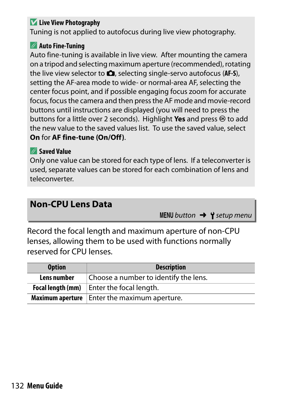 Non-cpu lens data | Nikon D500 User Manual | Page 132 / 207