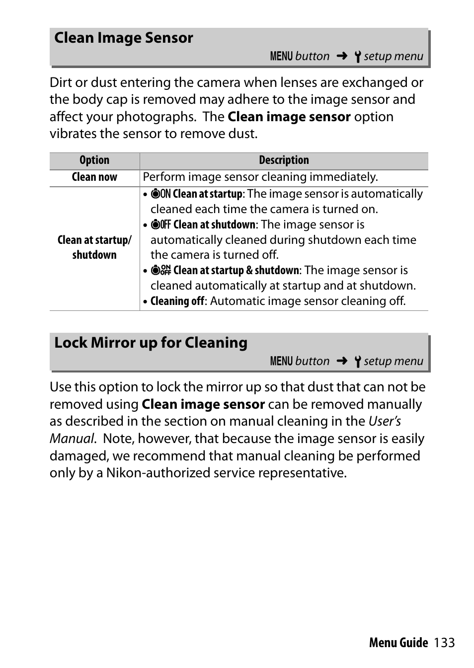 Clean image sensor, Lock mirror up for cleaning | Nikon D500 User Manual | Page 133 / 207