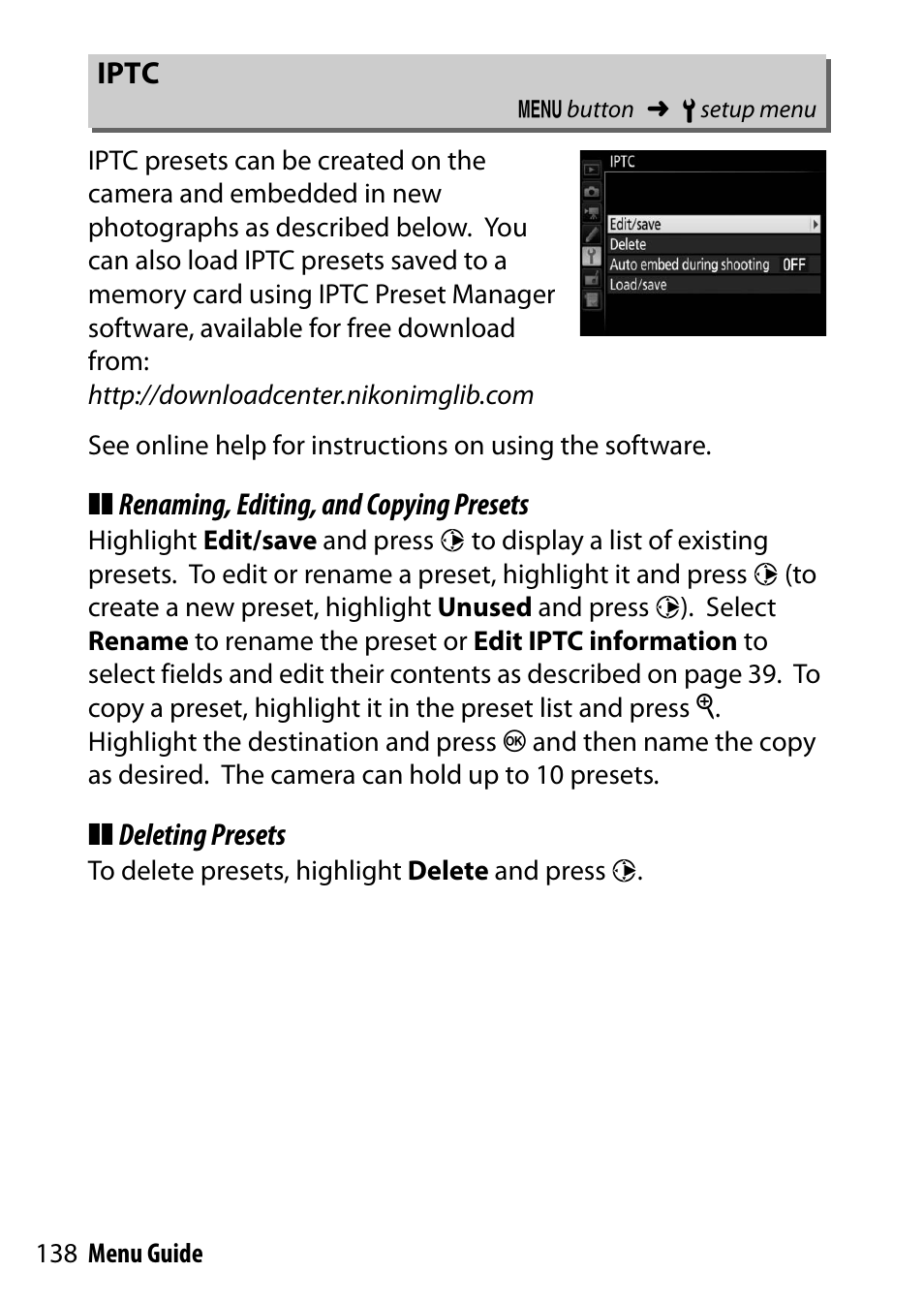 Iptc | Nikon D500 User Manual | Page 138 / 207