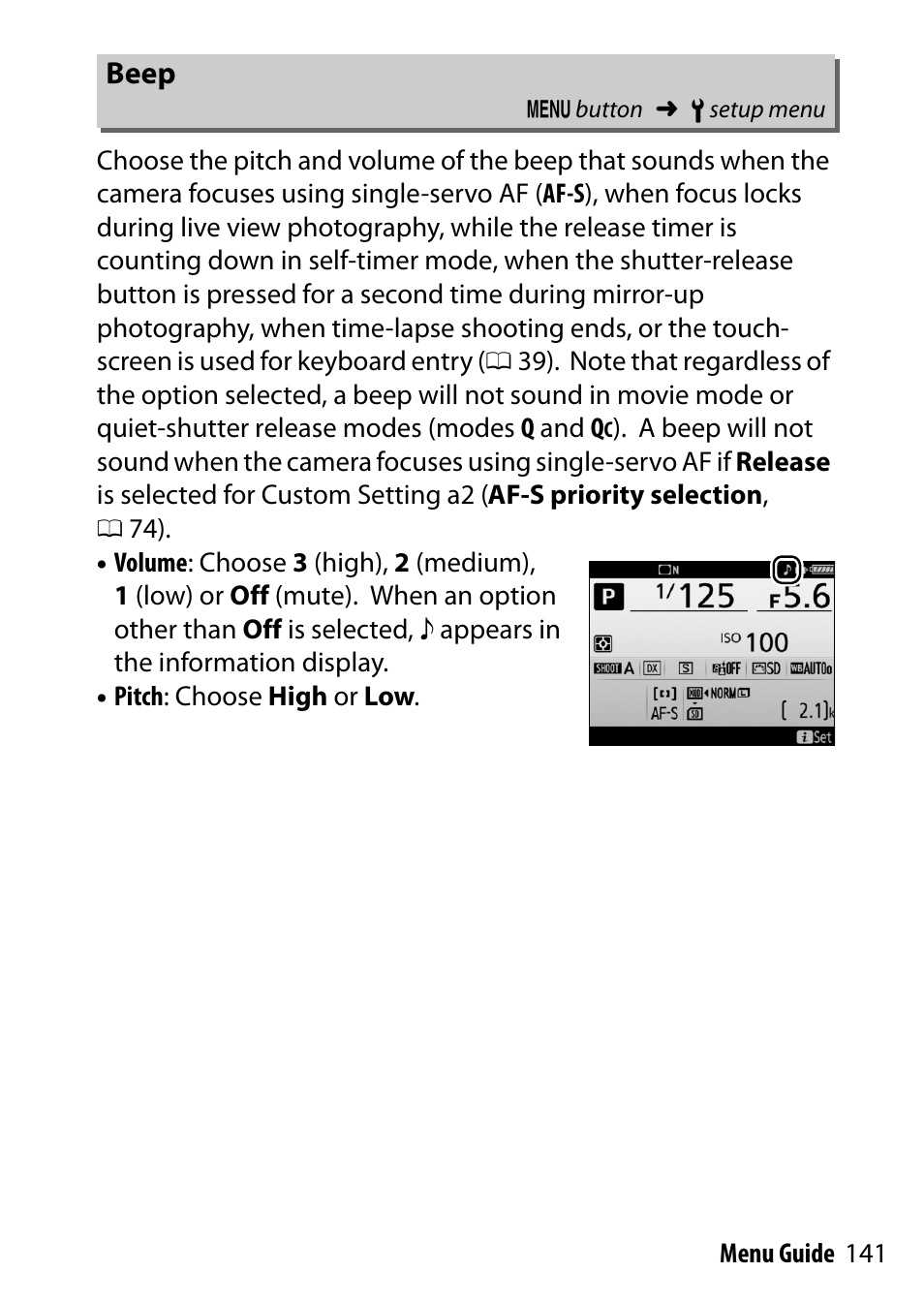 Beep | Nikon D500 User Manual | Page 141 / 207