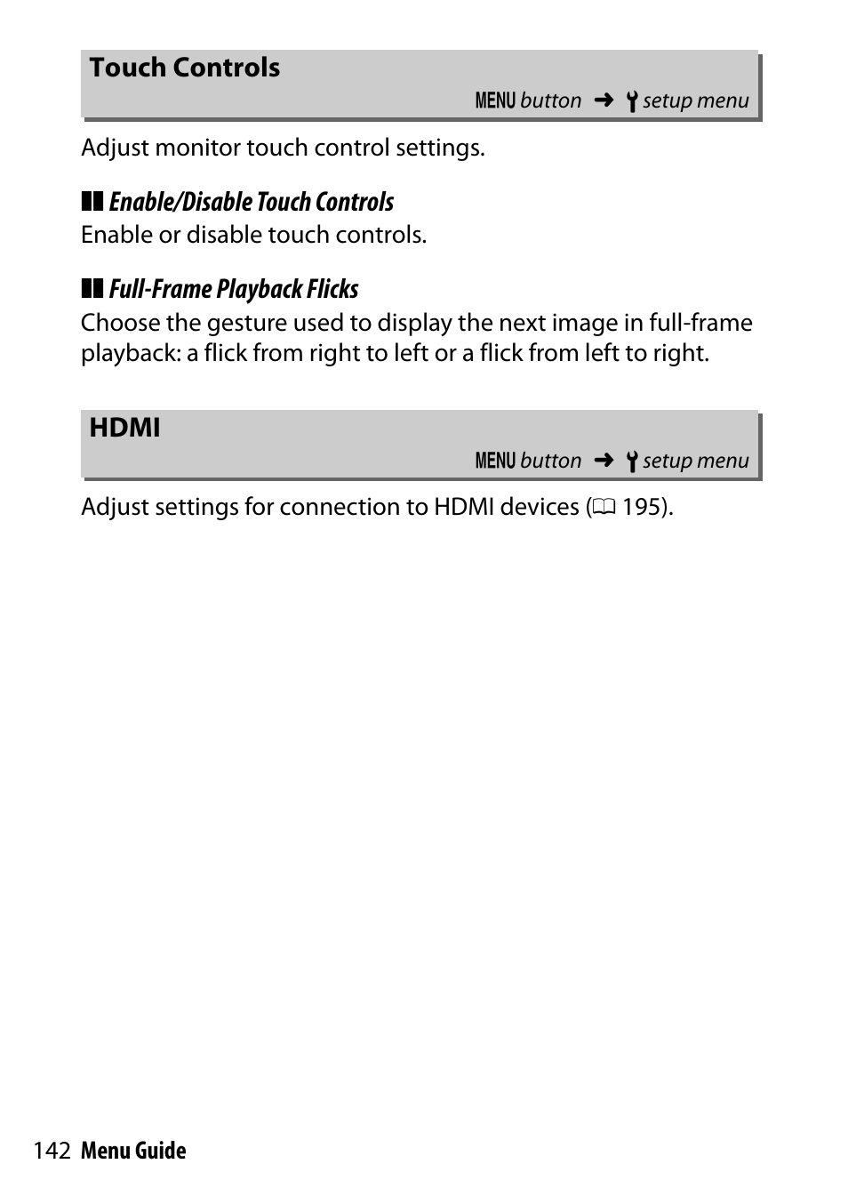 Touch controls, Hdmi | Nikon D500 User Manual | Page 142 / 207