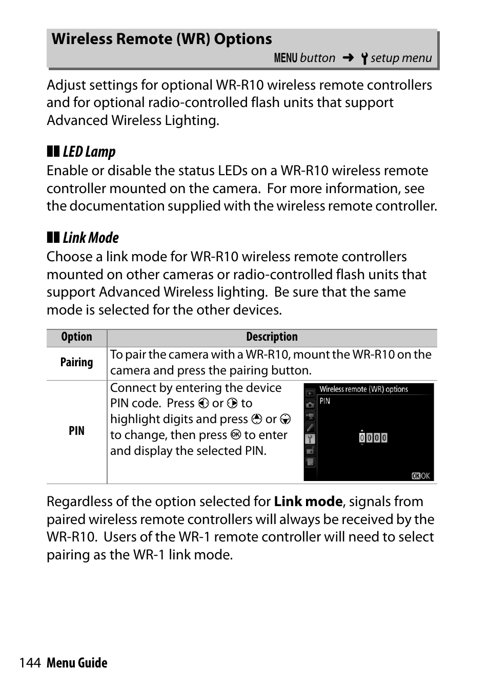 Wireless remote (wr) options, Led lamp, Link mode | Nikon D500 User Manual | Page 144 / 207