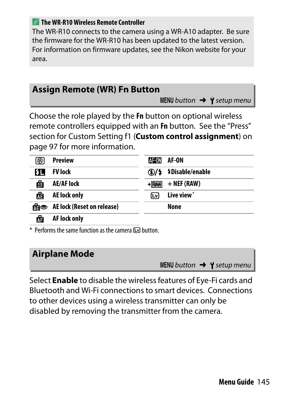 Assign remote (wr) fn button, Airplane mode | Nikon D500 User Manual | Page 145 / 207