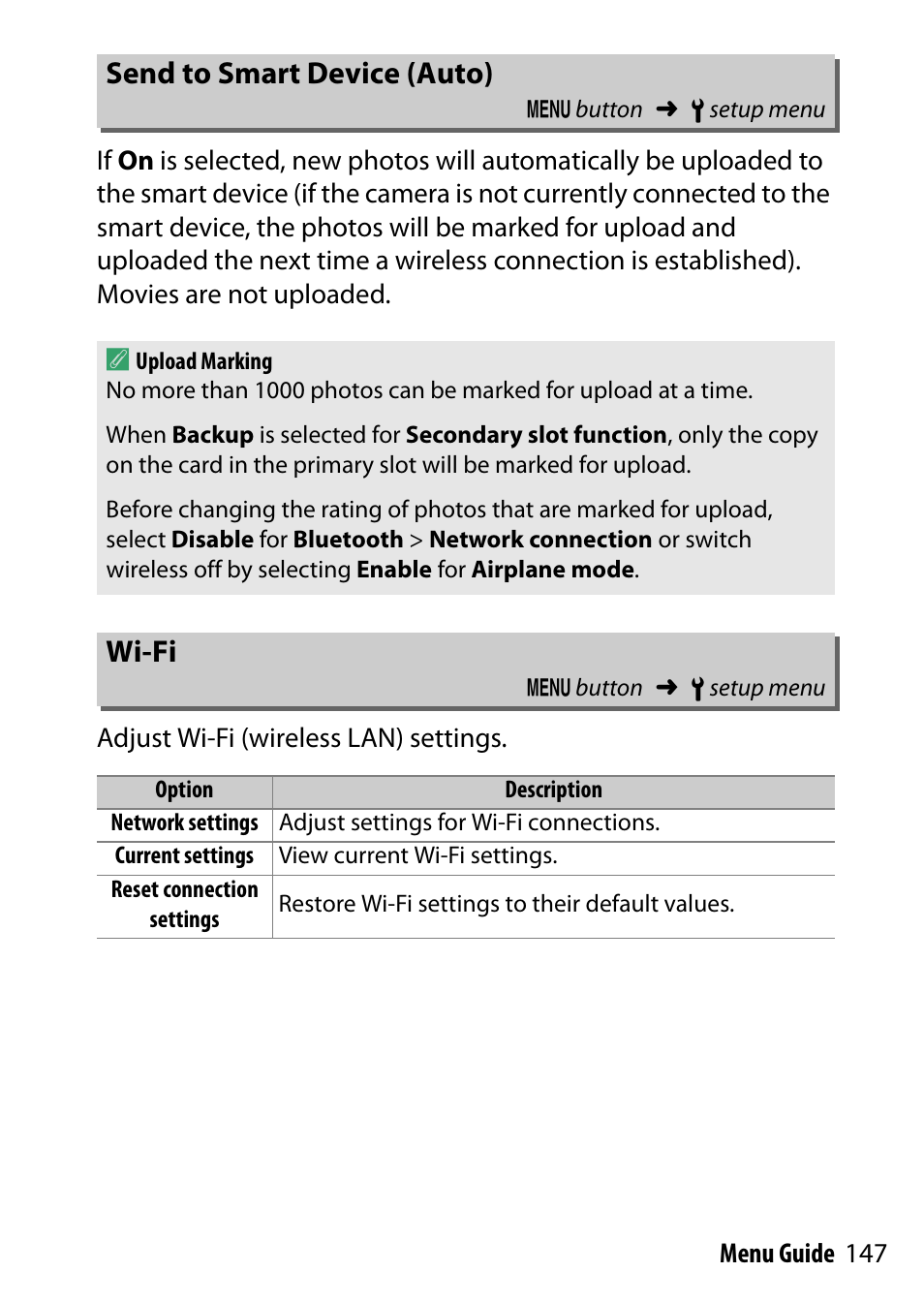 Send to smart device (auto), Wi-fi | Nikon D500 User Manual | Page 147 / 207