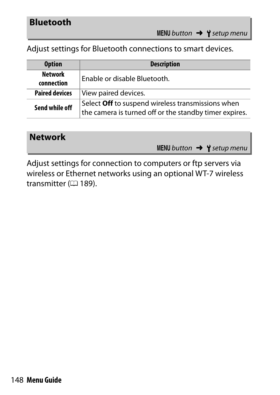 Bluetooth, Network | Nikon D500 User Manual | Page 148 / 207