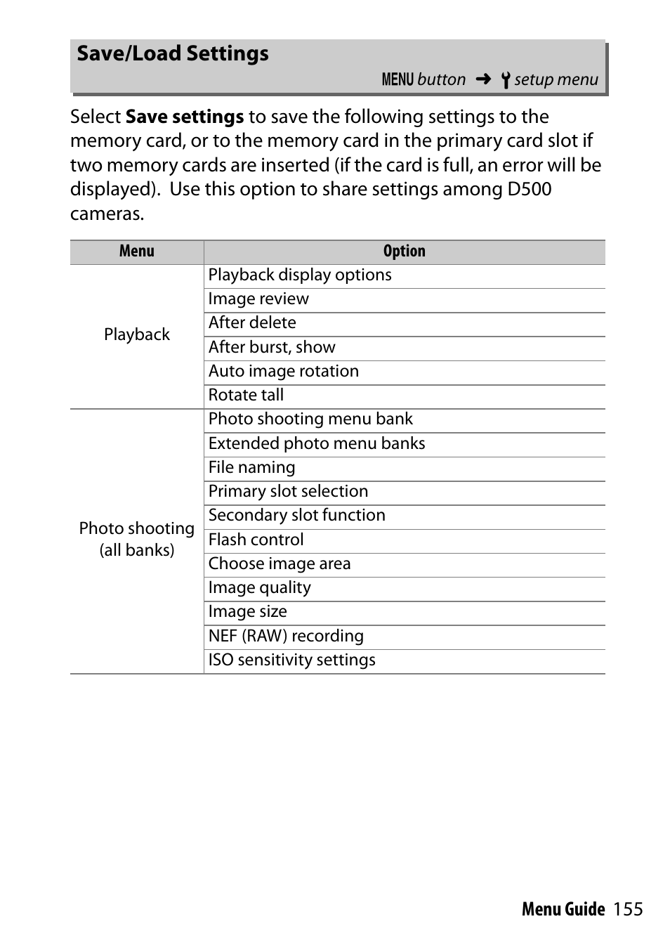 Save/load settings | Nikon D500 User Manual | Page 155 / 207
