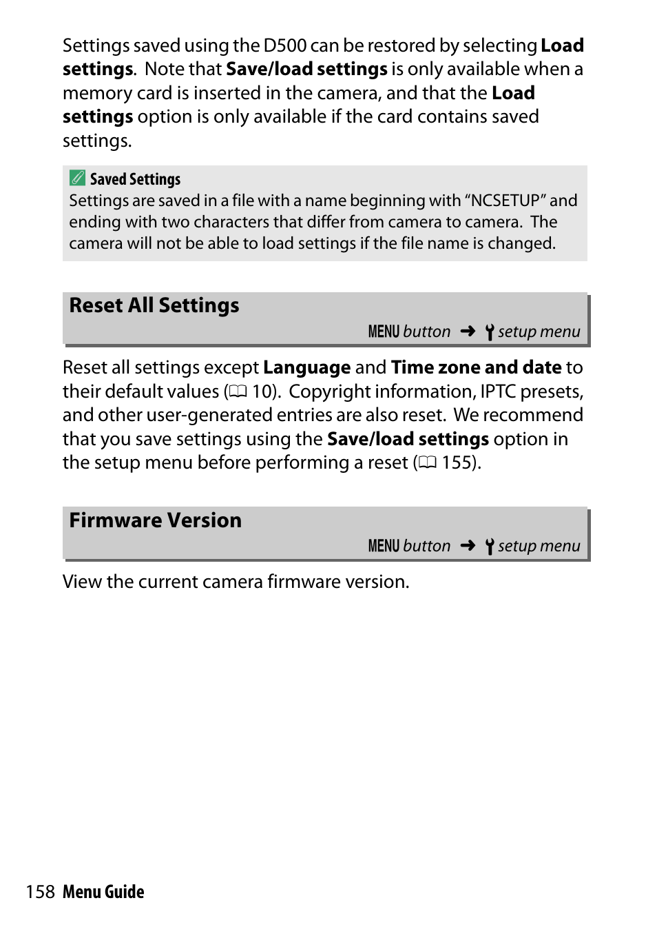 Reset all settings, Firmware version | Nikon D500 User Manual | Page 158 / 207