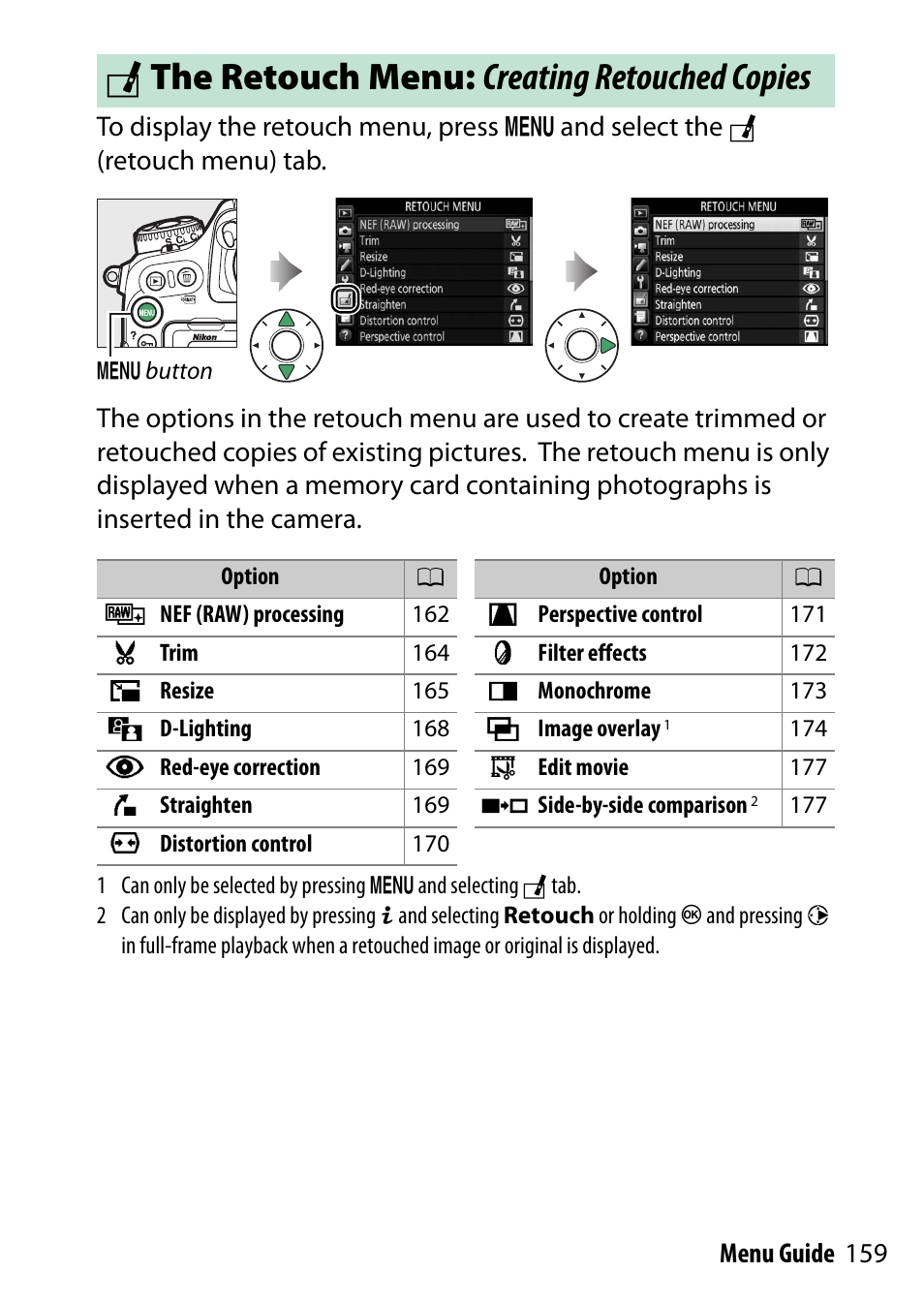 The retouch menu: creating retouched copies, N the retouch menu: creating retouched copies | Nikon D500 User Manual | Page 159 / 207