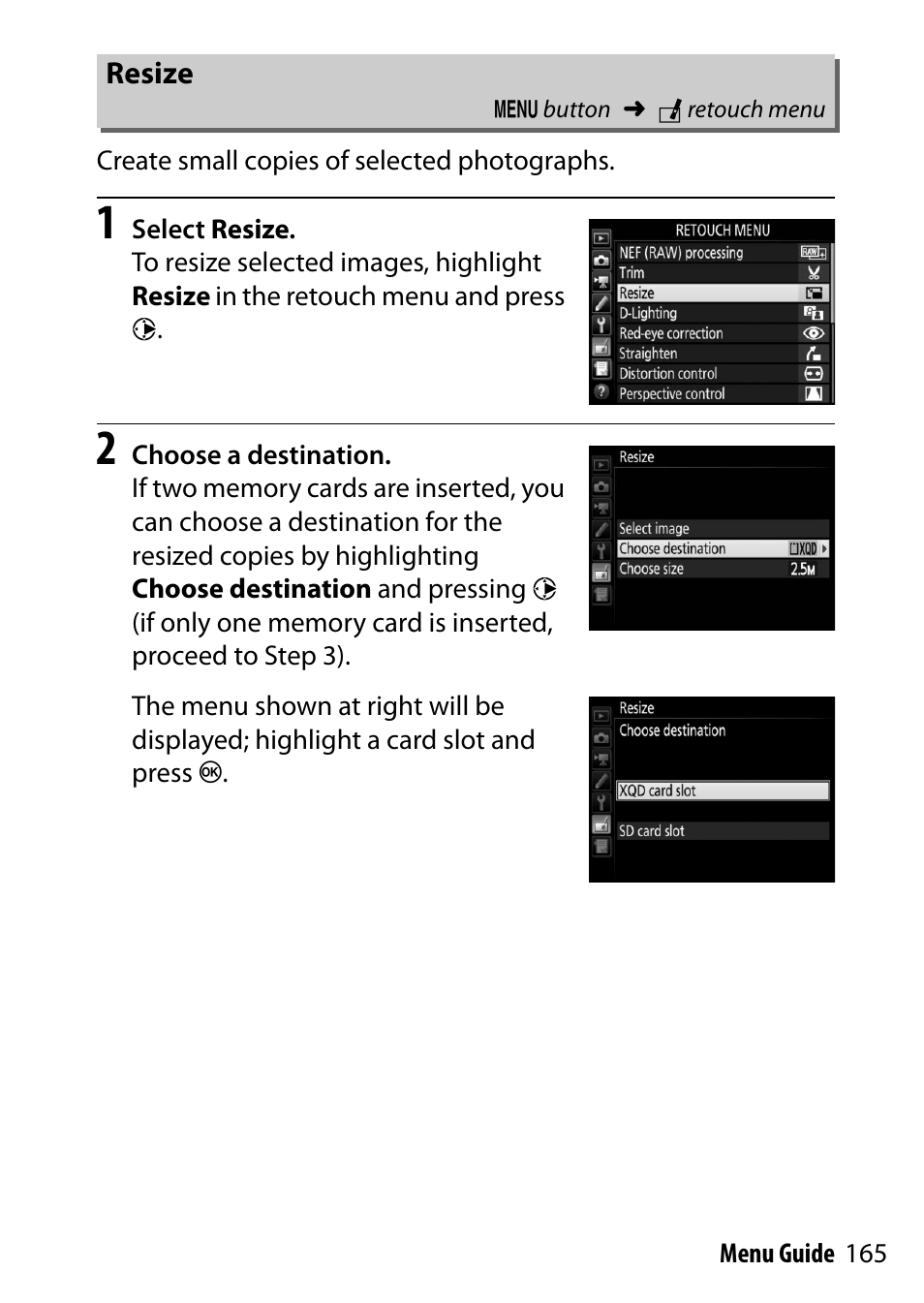 Resize | Nikon D500 User Manual | Page 165 / 207