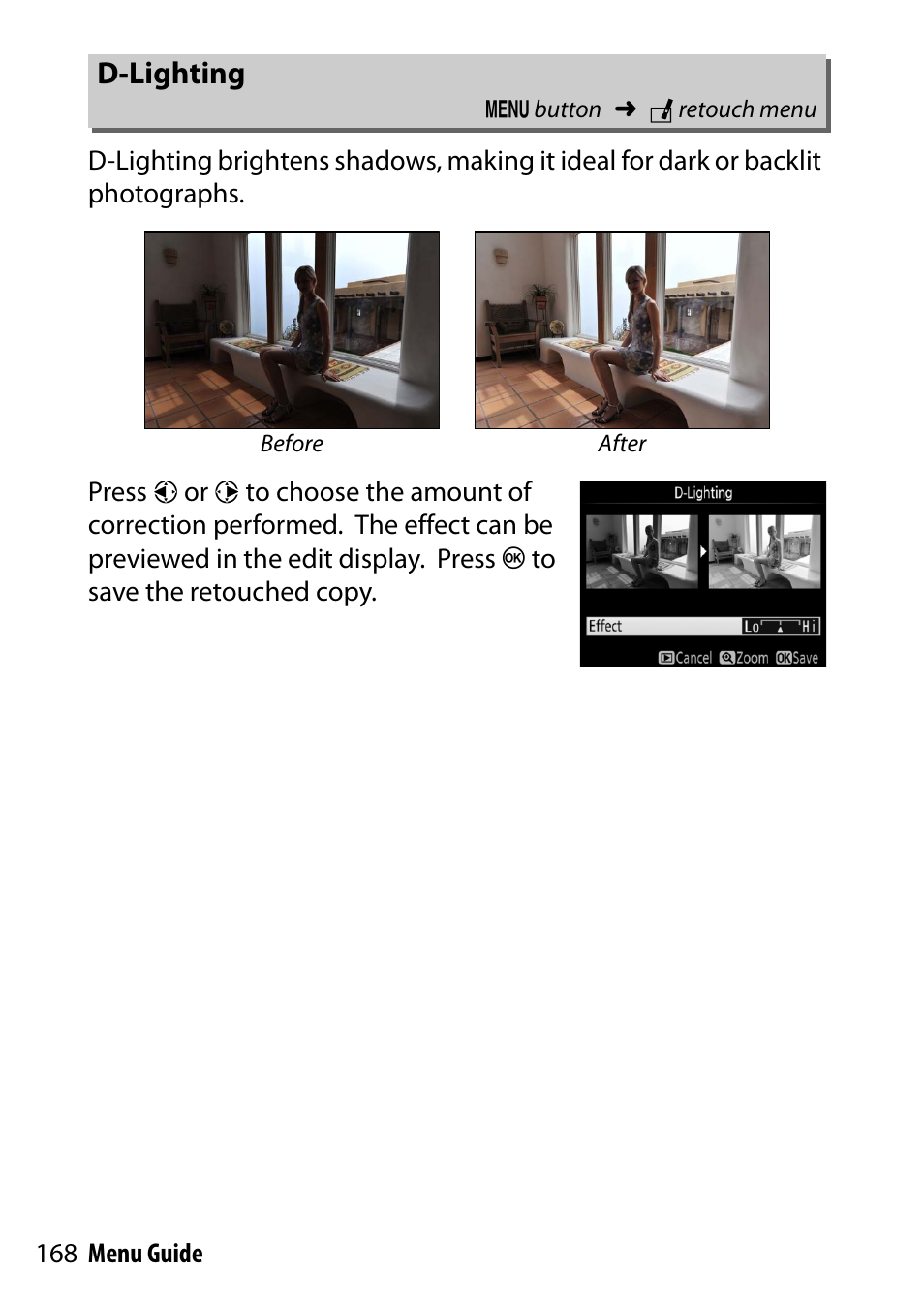 D-lighting, Ghting | Nikon D500 User Manual | Page 168 / 207