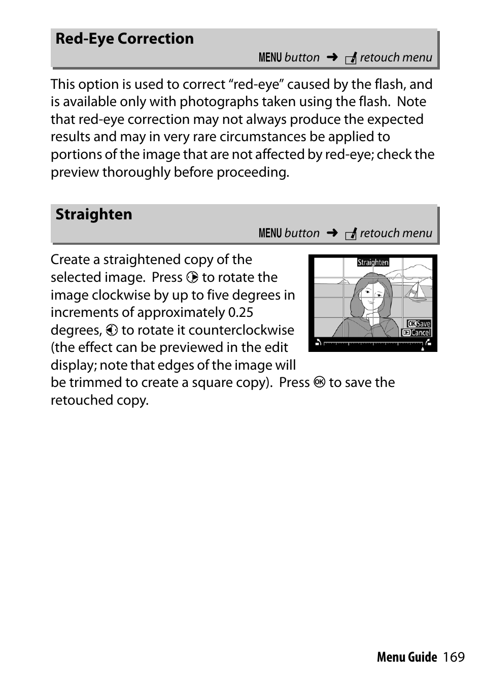 Red-eye correction, Straighten | Nikon D500 User Manual | Page 169 / 207