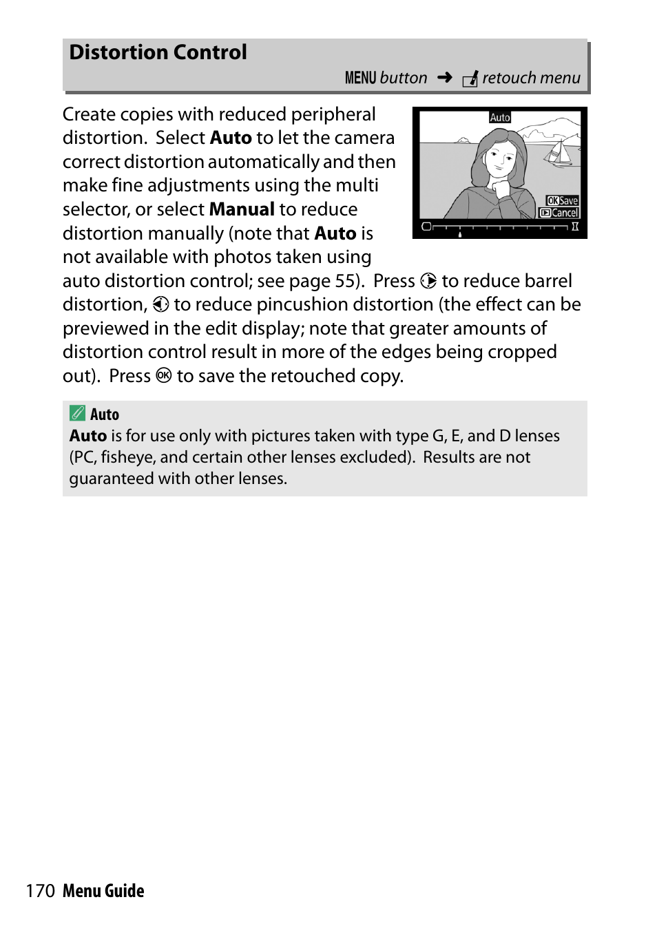 Distortion control | Nikon D500 User Manual | Page 170 / 207