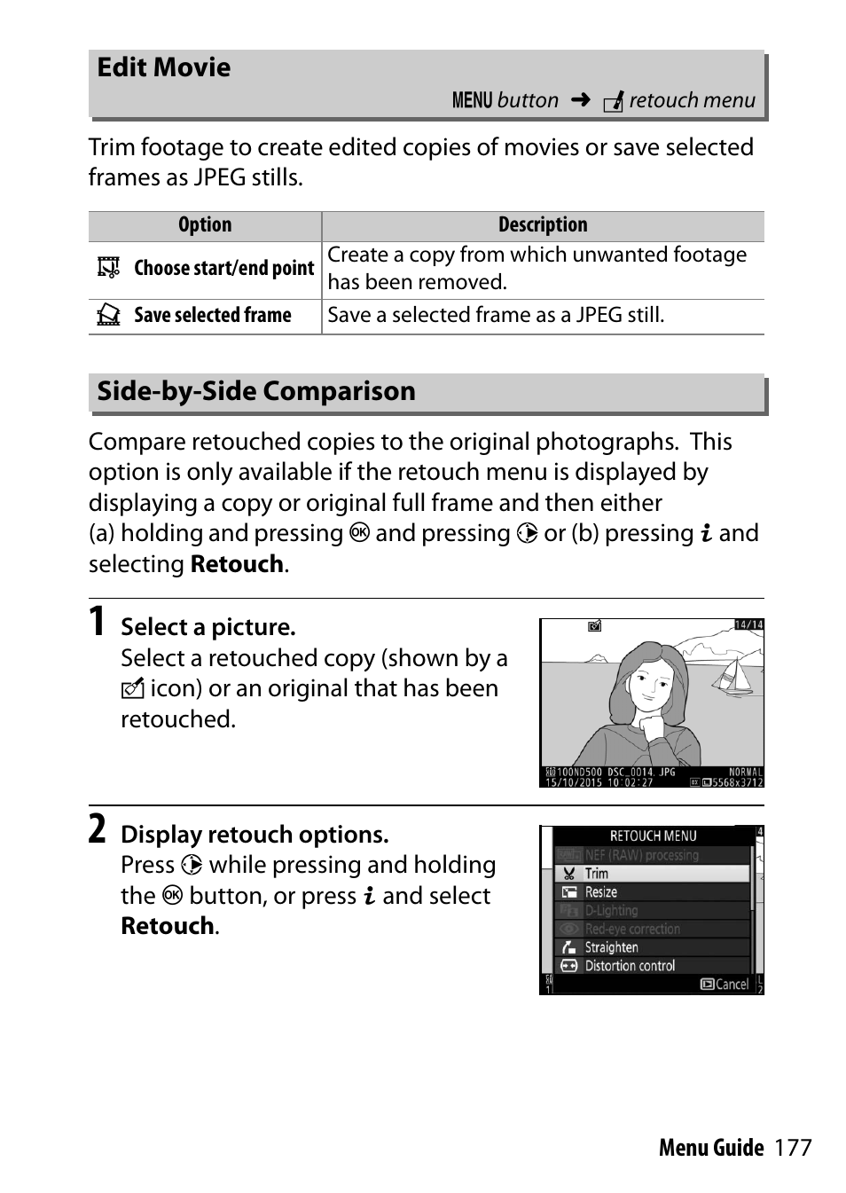 Edit movie, Side-by-side comparison | Nikon D500 User Manual | Page 177 / 207