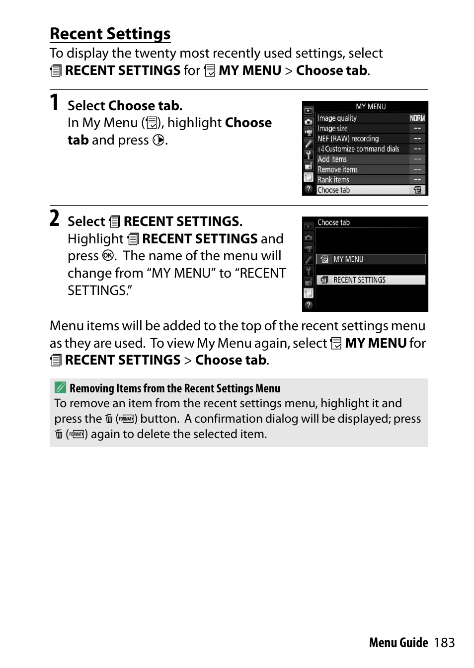 Recent settings | Nikon D500 User Manual | Page 183 / 207