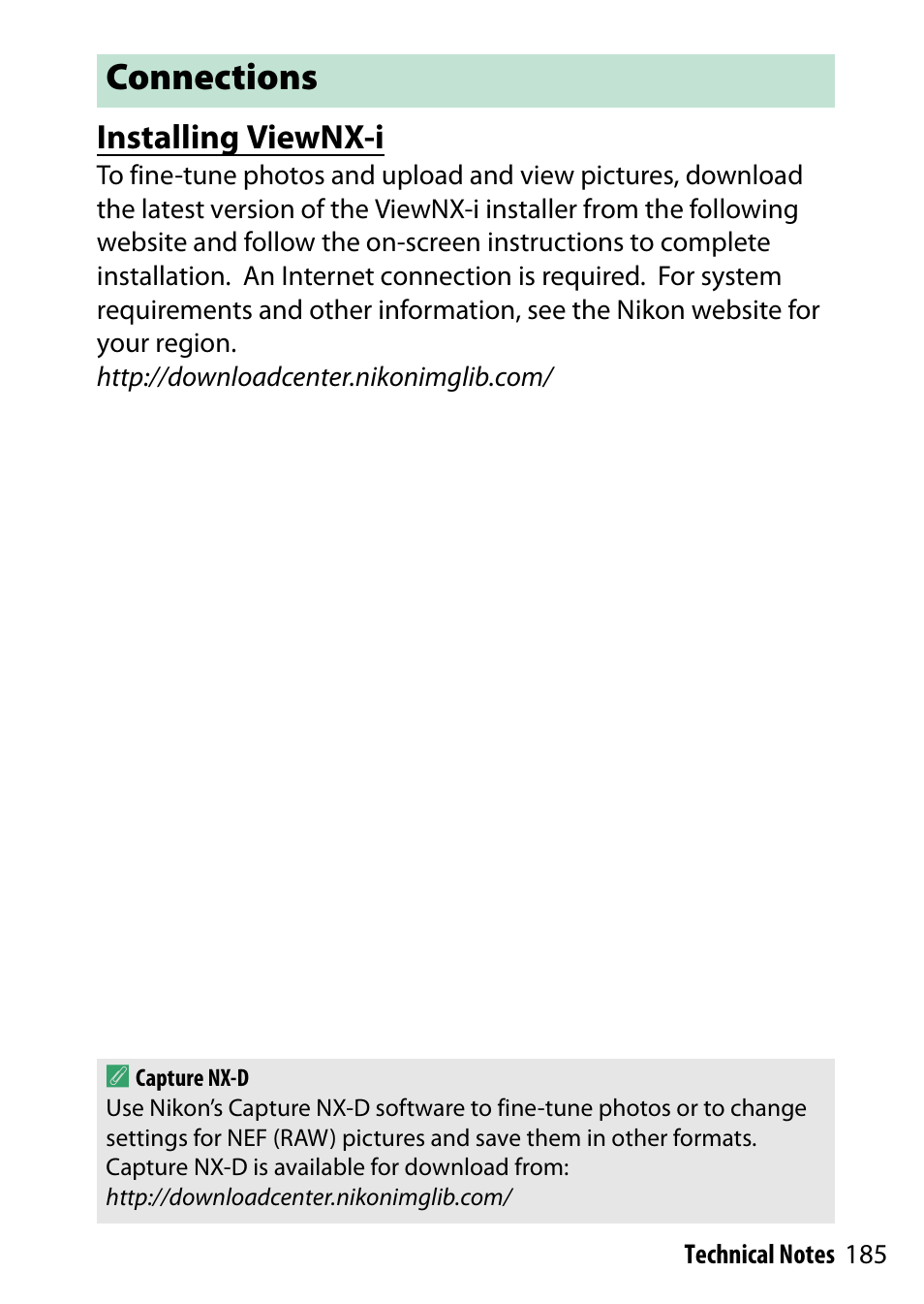 Connections, Installing viewnx-i | Nikon D500 User Manual | Page 185 / 207